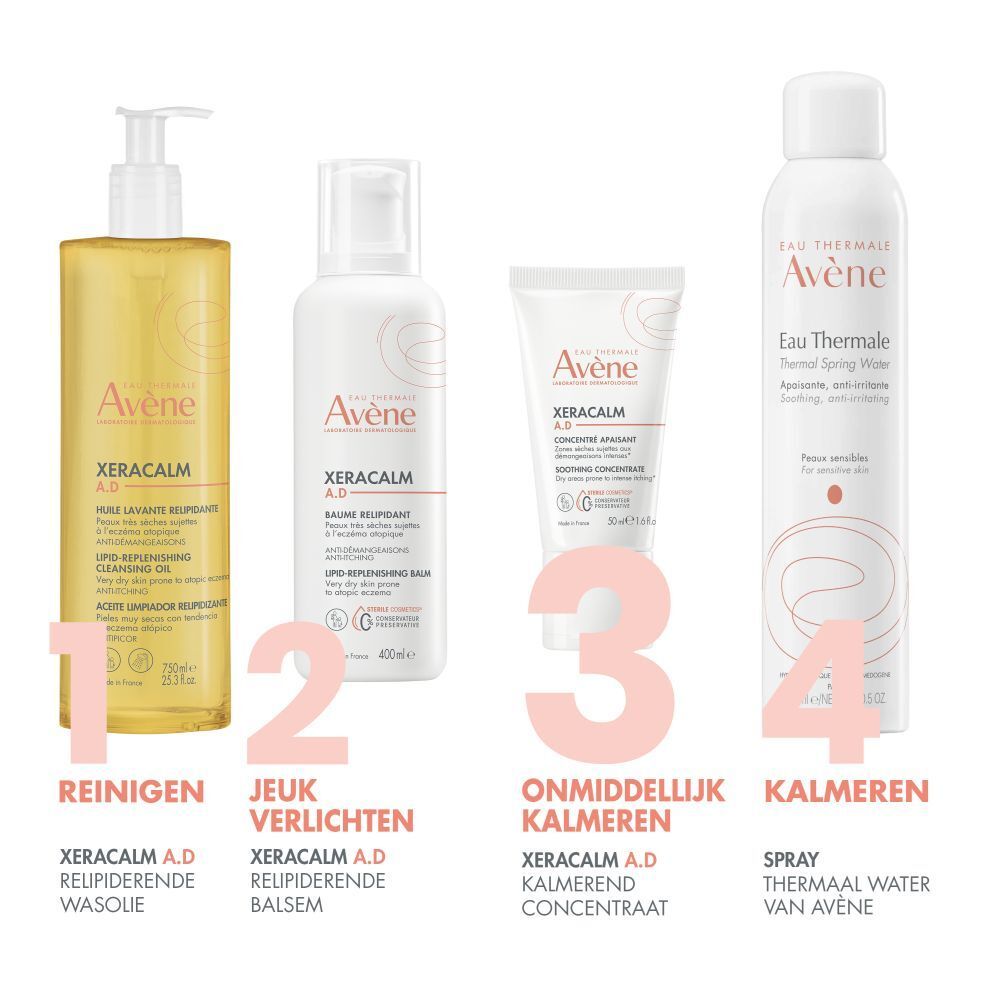 Witte tube. Opschrift: Avène XeraCalm A.D. Concentré apaisant. Steriele cosmetica.