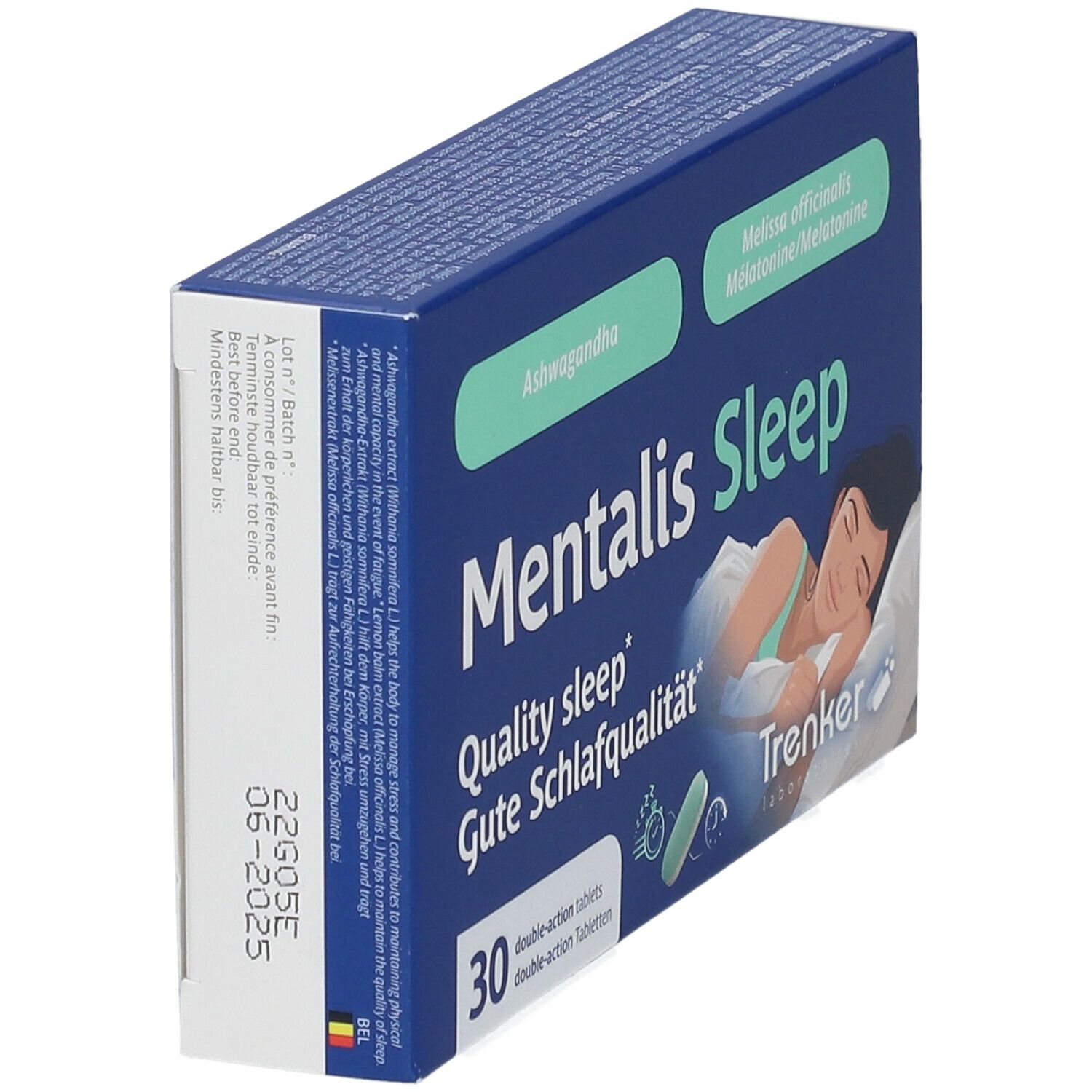 Blauwe doos 'Mentalis Sleep'. Bevat 30 tabletten. Opschrift: 'Quality sleep'. Merk: Trenker. Zijaanzicht.