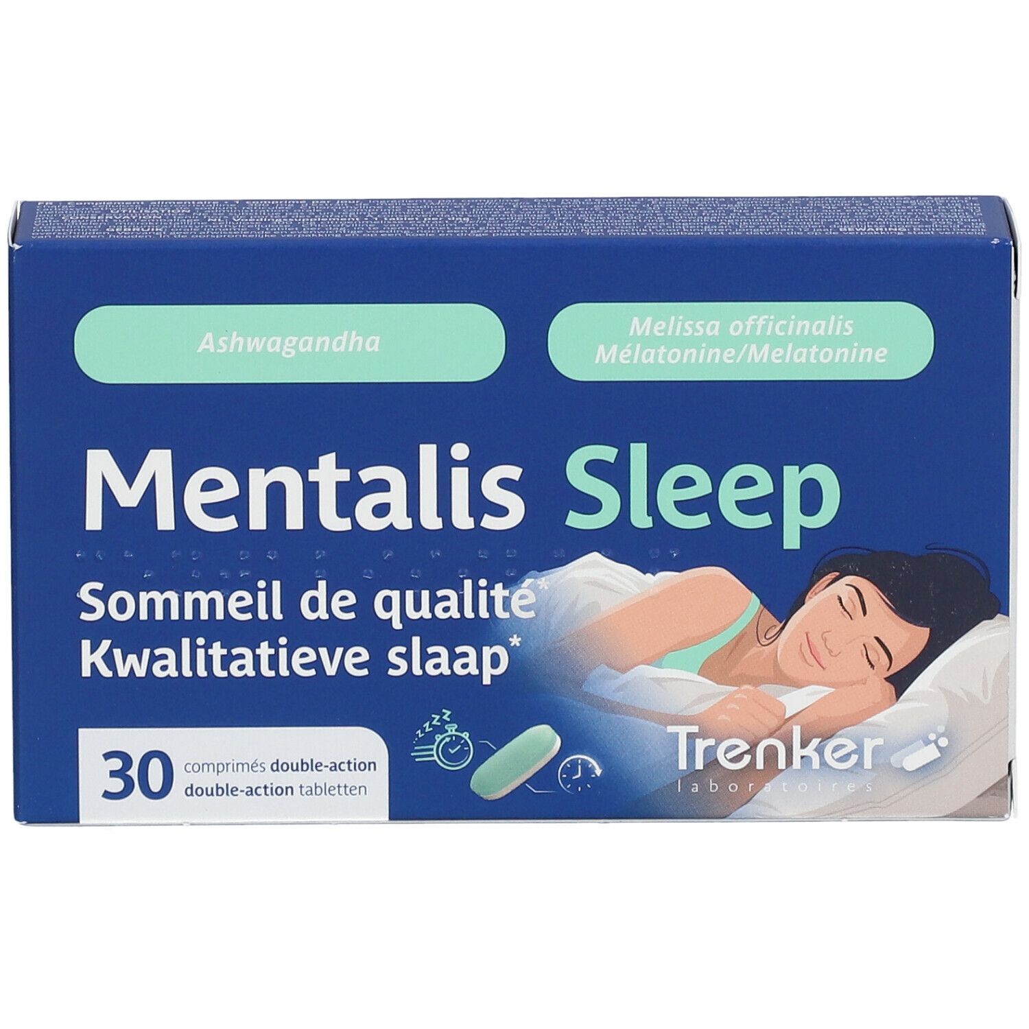Blauwe doos 'Mentalis Sleep'. Bevat 30 tabletten. Opschrift: 'Sommeil de qualité'. Merk: Trenker.