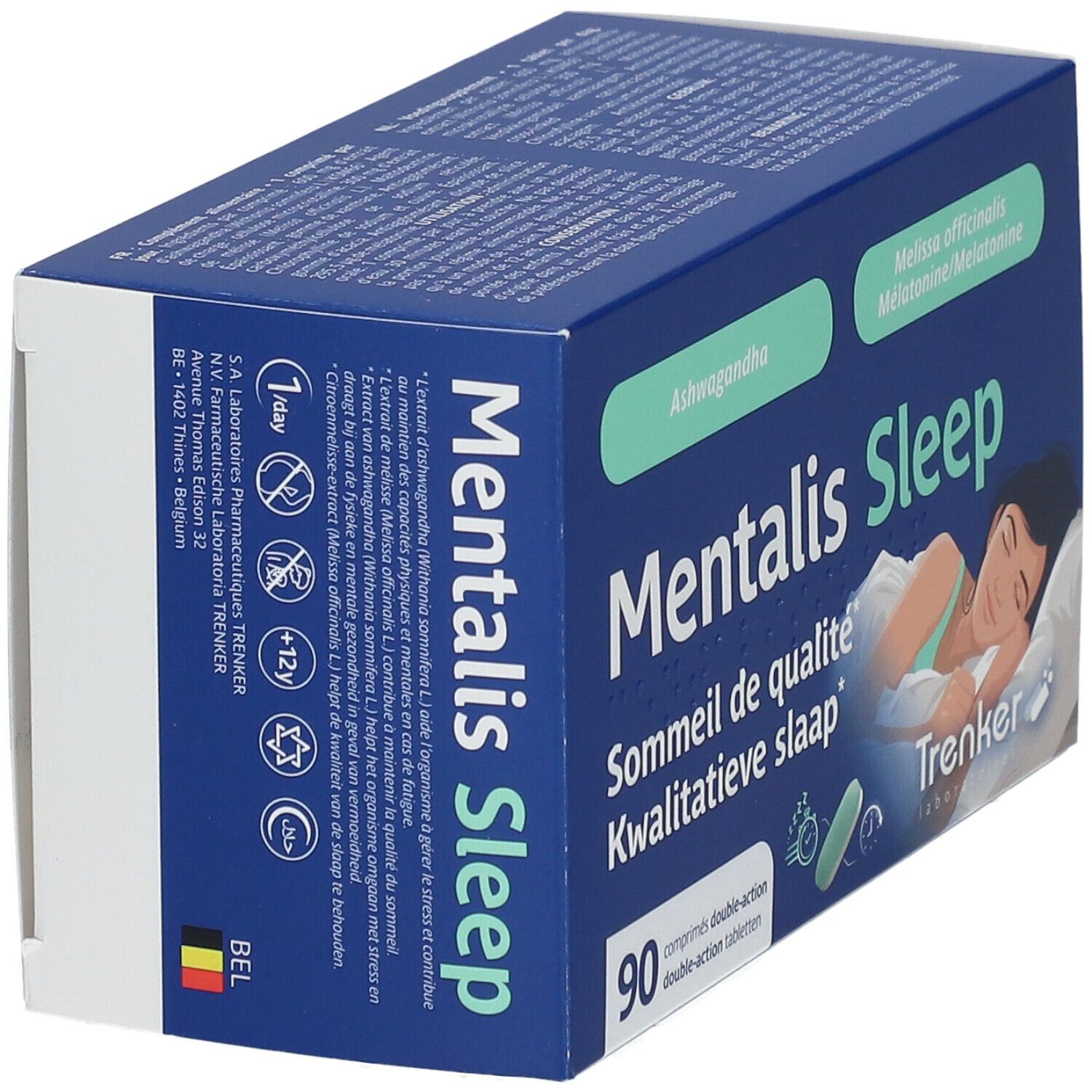 Doos 'Mentalis Sleep' in schuine hoek. Opschriften: 'Ashwagandha', 'Melatonine', 90 tabletten, slapende persoon. Merk Trenker.