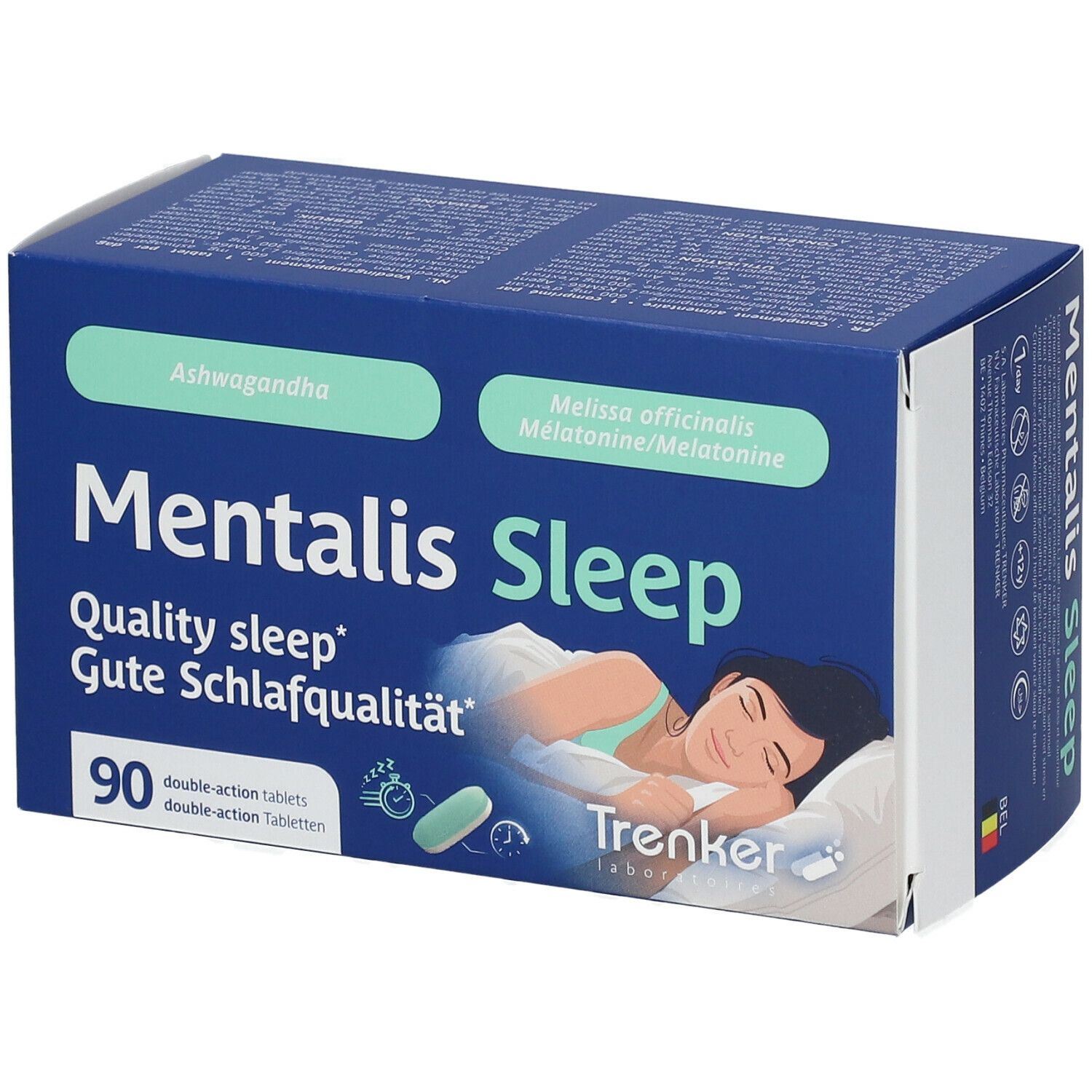 Blauw-witte doos 'Mentalis Sleep'. Opschriften: 'Ashwagandha', 'Melatonine', 90 tabletten, slapende persoon. Merk Trenker.