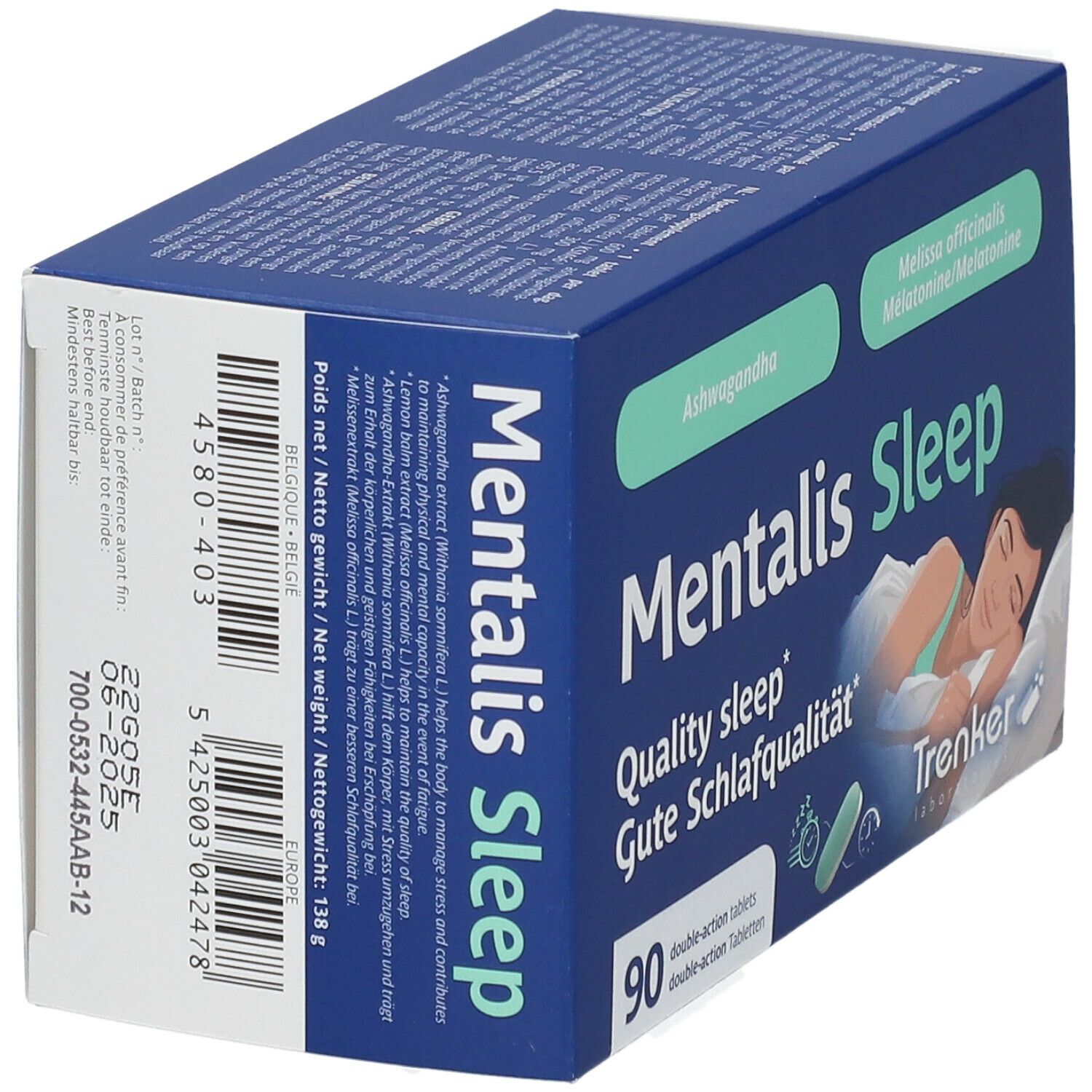 Doos 'Mentalis Sleep' in schuine hoek. Opschriften: 'Ashwagandha', 'Melatonine', 90 tabletten, slapende persoon. Merk Trenker.