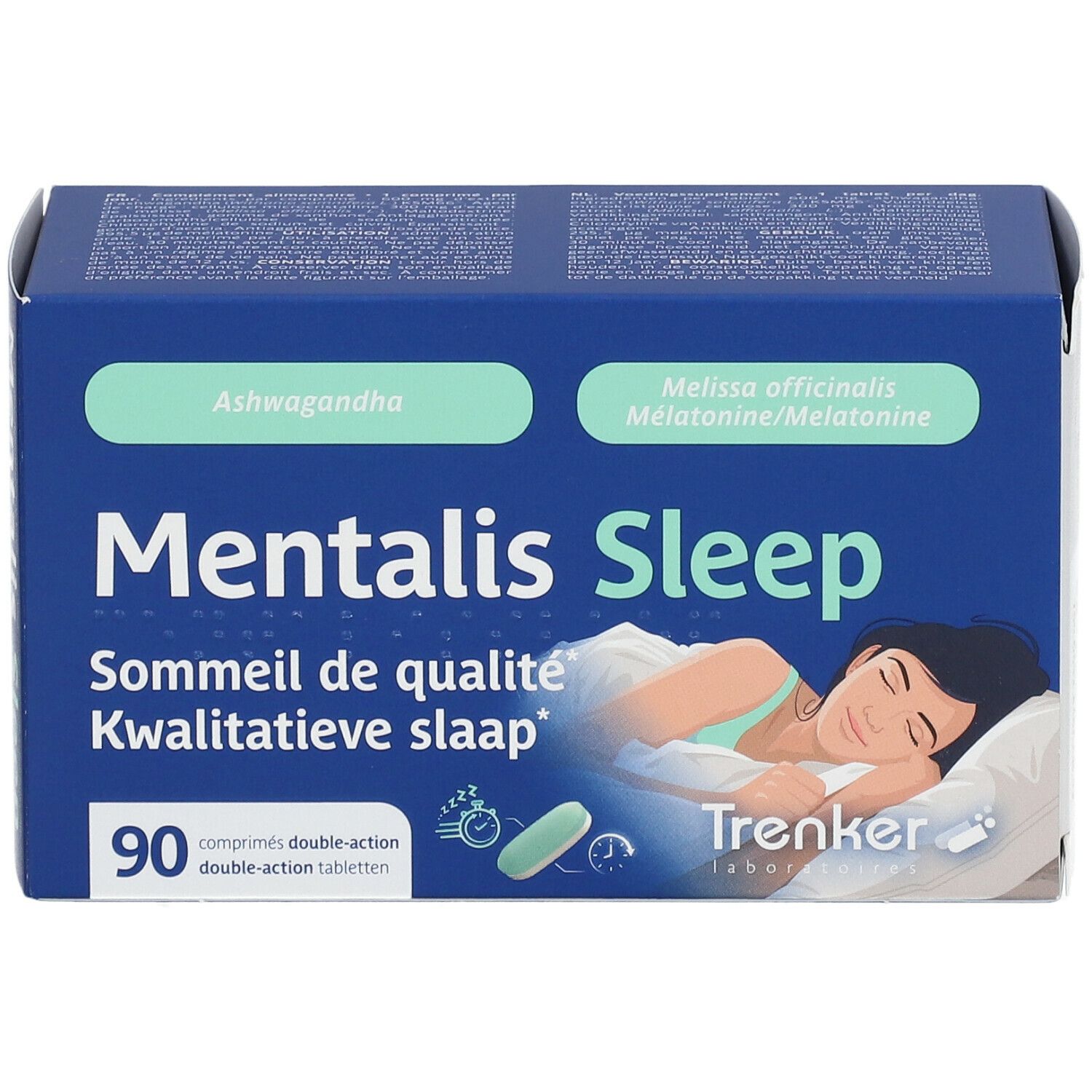 Blauw-witte doos 'Mentalis Sleep'. Opschriften: 'Ashwagandha', 'Melatonine', 90 tabletten, slapende persoon. Merk Trenker.