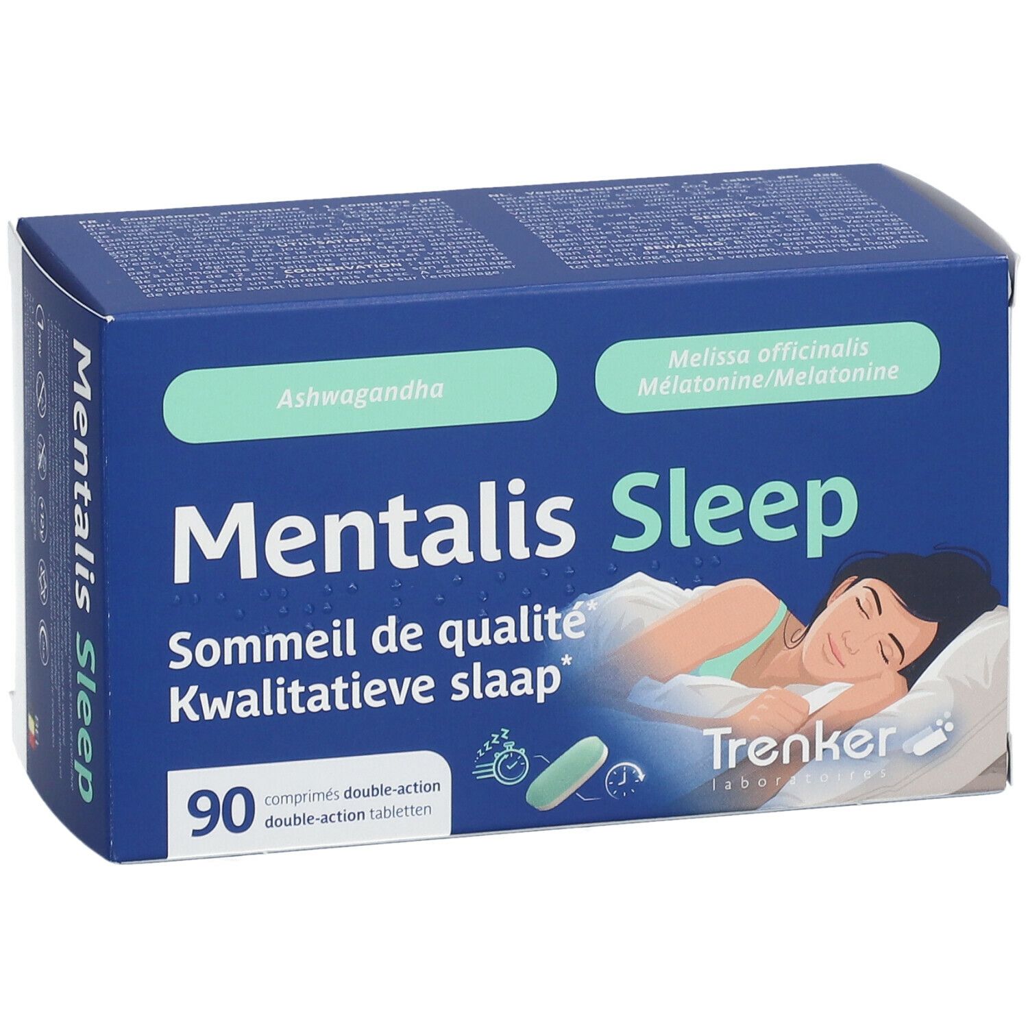 Blauw-witte doos 'Mentalis Sleep'. Opschriften: 'Ashwagandha', 'Melatonine', 90 tabletten, slapende persoon. Merk Trenker.