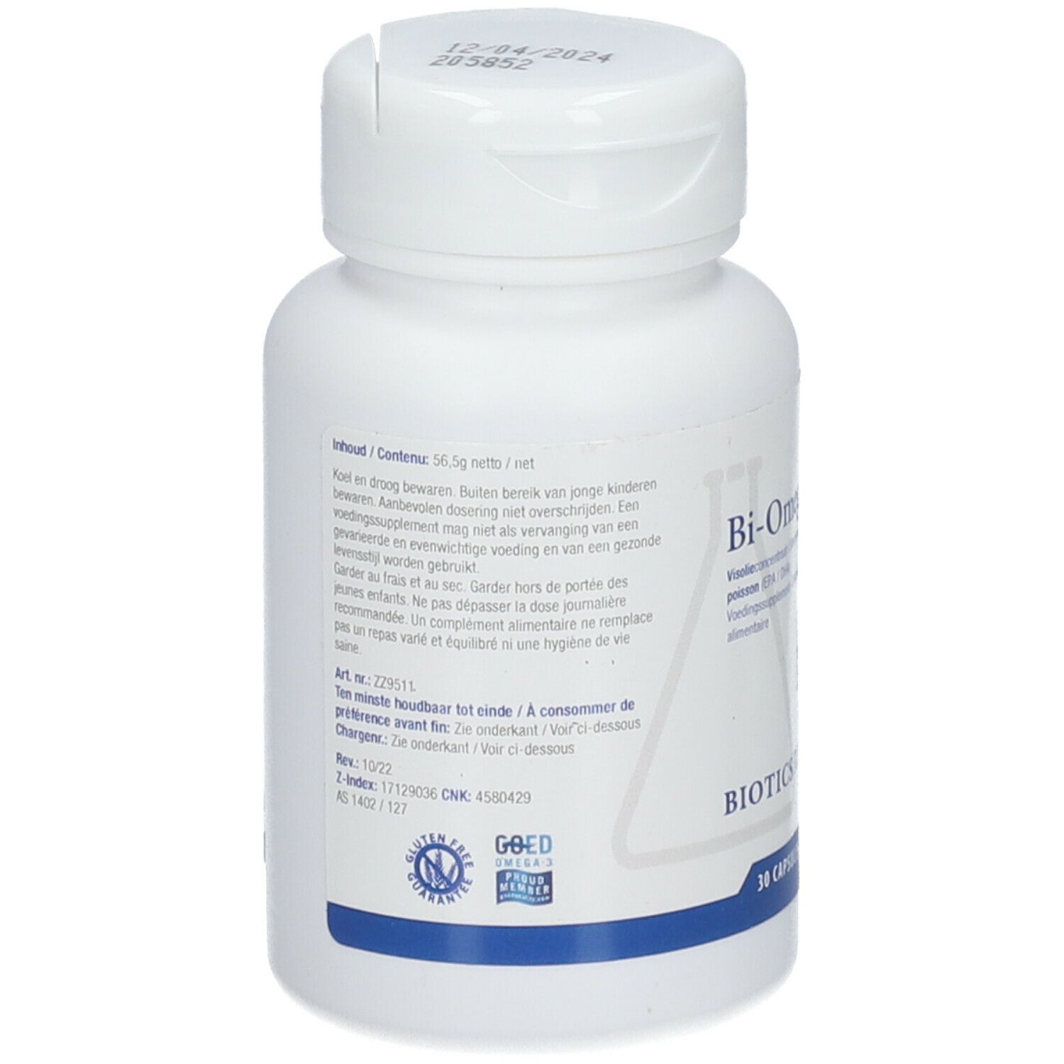 Dos d'un flacon blanc de gélules. Texte: Bi-Omega-1000, Biotics Research. Autocollant: GOED, Sans gluten.