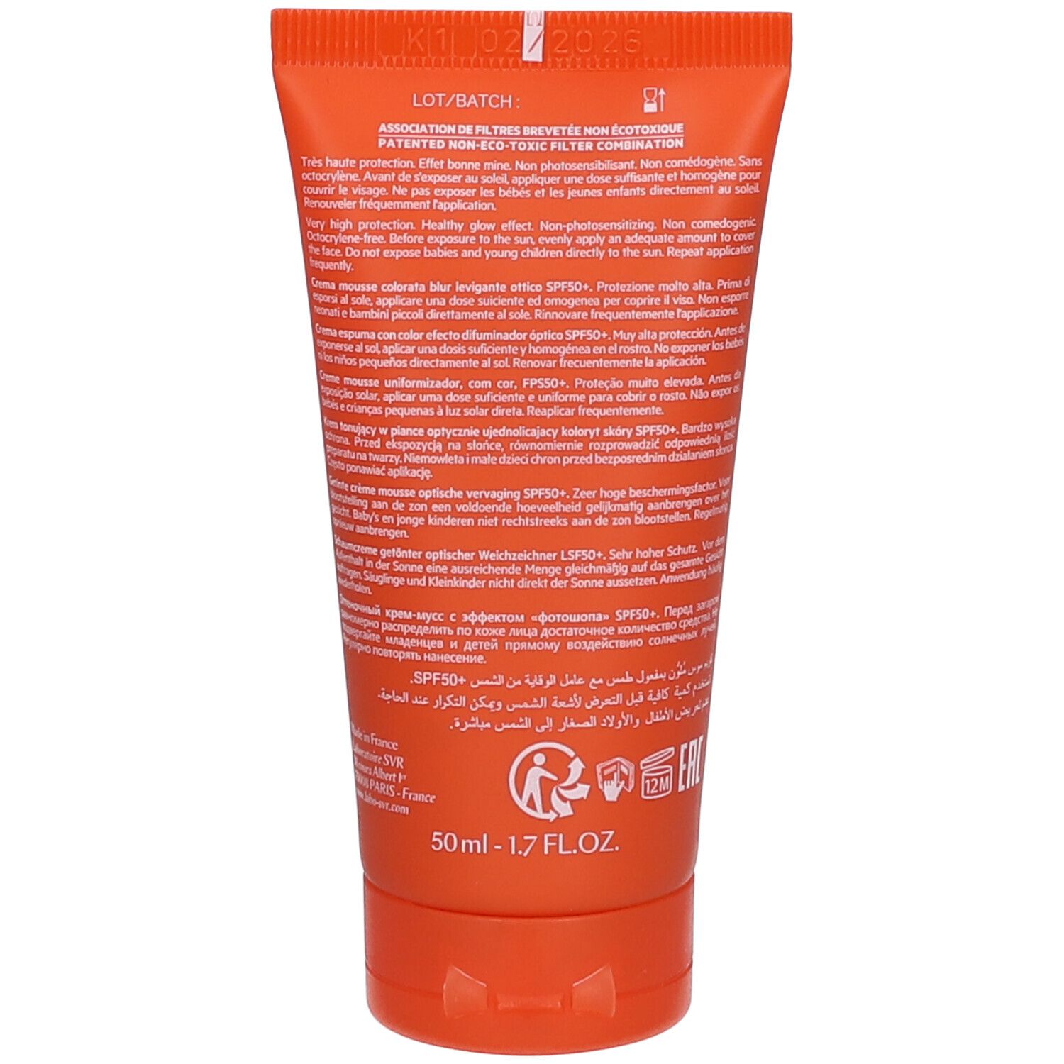 Rückseite der SVR Sun Secure Tube. Text in mehreren Sprachen. Enthält Informationen zu Inhaltsstoffen, Anwendung und Hersteller.