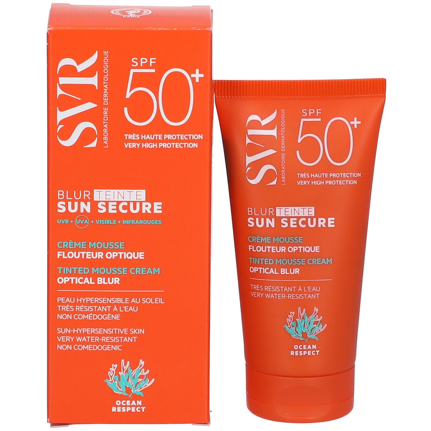SVR Sun Secure Tube und Schachtel. SPF 50+. Text: Blur Teinte, Crème Mousse, Flouteur Optique, Tinted Mousse Cream, Optical Blur. Wasserfest.