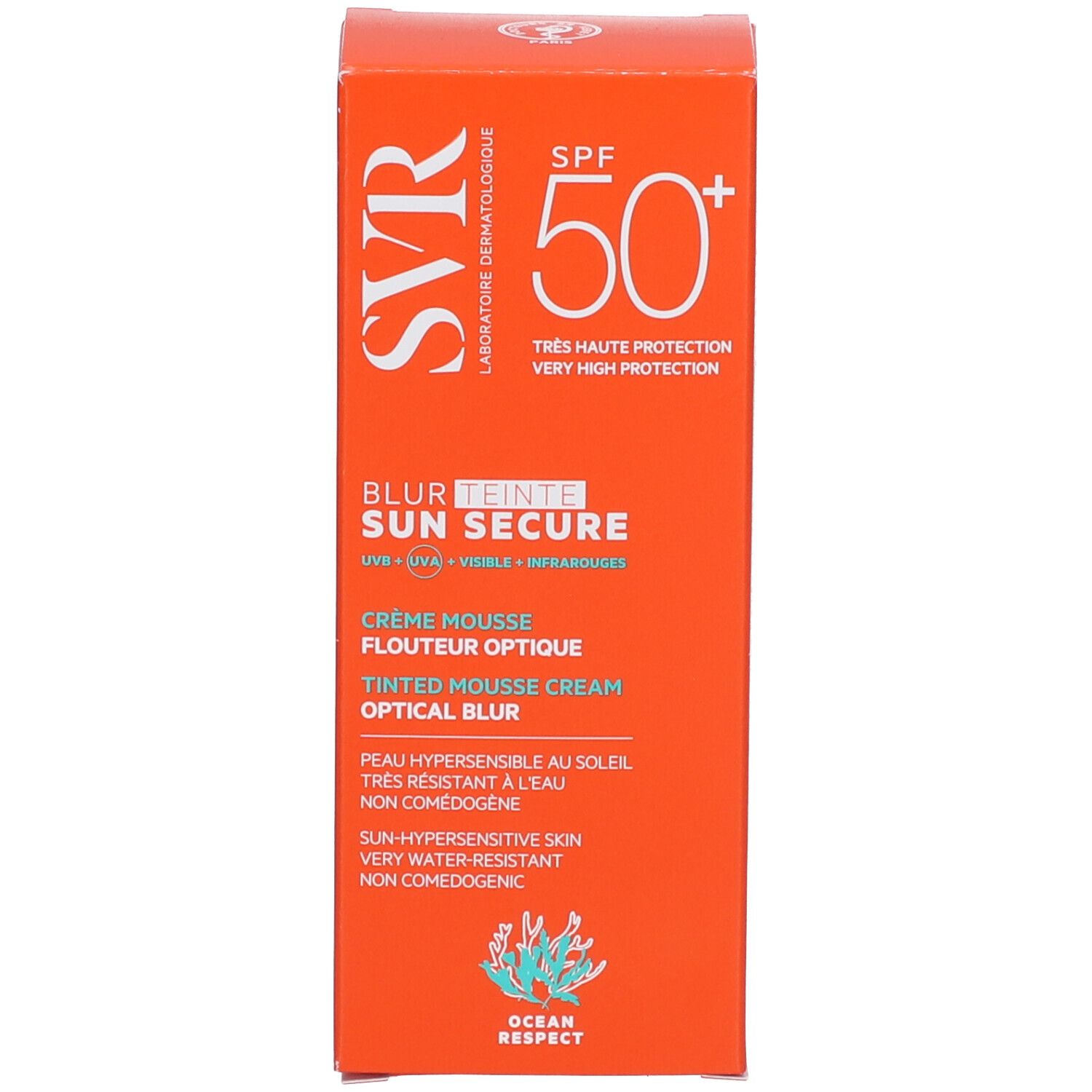 SVR Sun Secure Schachtel. SPF 50+. Text: Blur Teinte, Crème Mousse, Flouteur Optique, Tinted Mousse Cream, Optical Blur. Wasserfest.