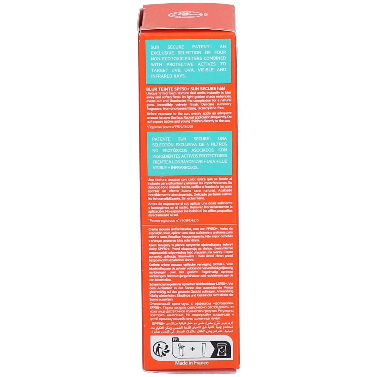 Rückseite der SVR Sun Secure Schachtel. Text in mehreren Sprachen. Informationen zu Inhaltsstoffen, Anwendung und Hersteller.