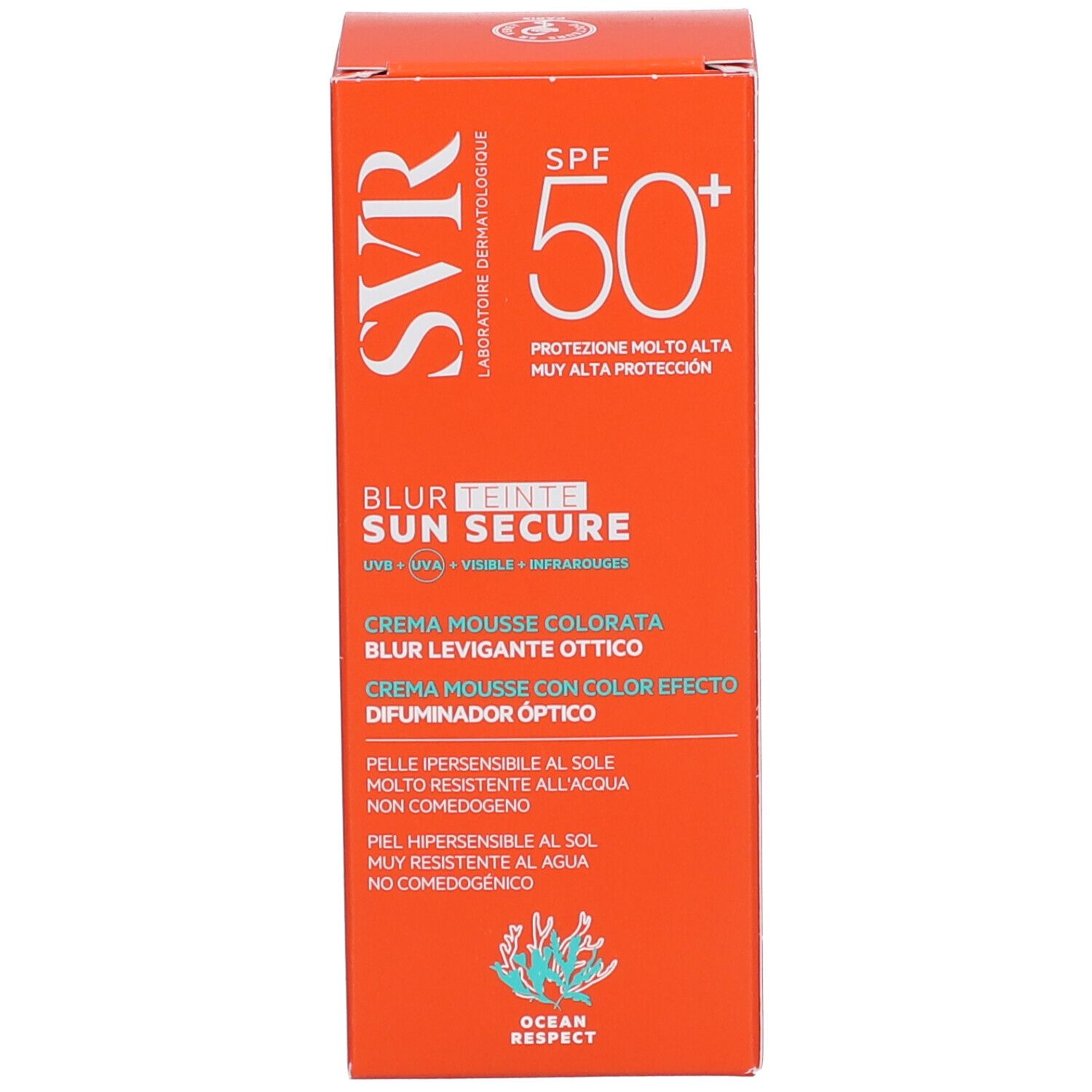 SVR Sun Secure Schachtel. SPF 50+. Text: Blur Teinte, Crème Mousse, Flouteur Optique, Tinted Mousse Cream, Optical Blur. Mehrsprachig.