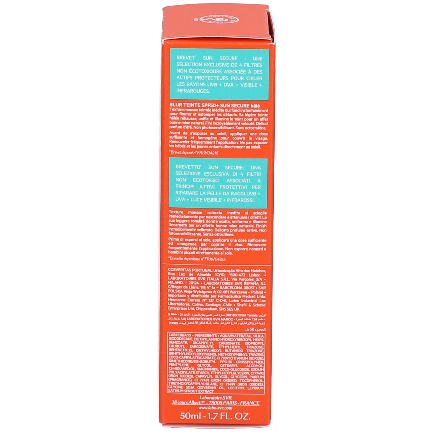 Rückseite der SVR Sun Secure Schachtel. Text in mehreren Sprachen. Informationen zu Inhaltsstoffen, Anwendung und Hersteller.
