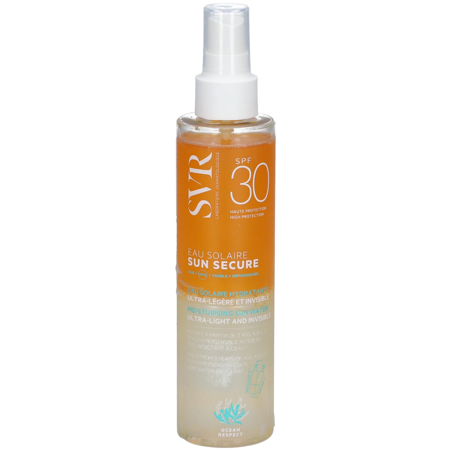 Sonnenschutzwasser-Flasche mit Sprühkopf. Orangefarbener Bereich mit SPF 30 und Produktnamen. Transparenter Behälter.
