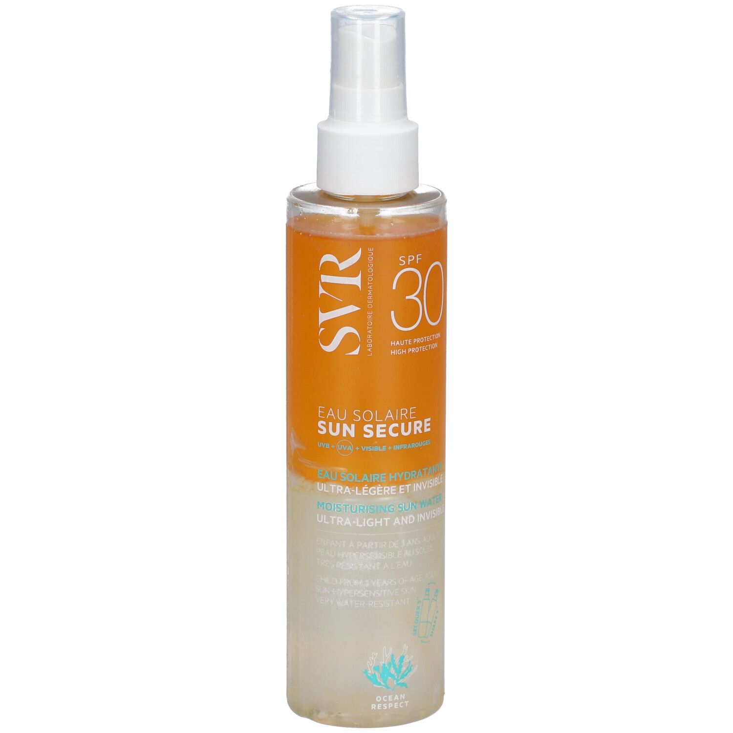 Sonnenschutzwasser-Flasche mit Sprühkopf. Orangefarbener Bereich mit SPF 30 und Produktnamen. Transparenter Behälter.