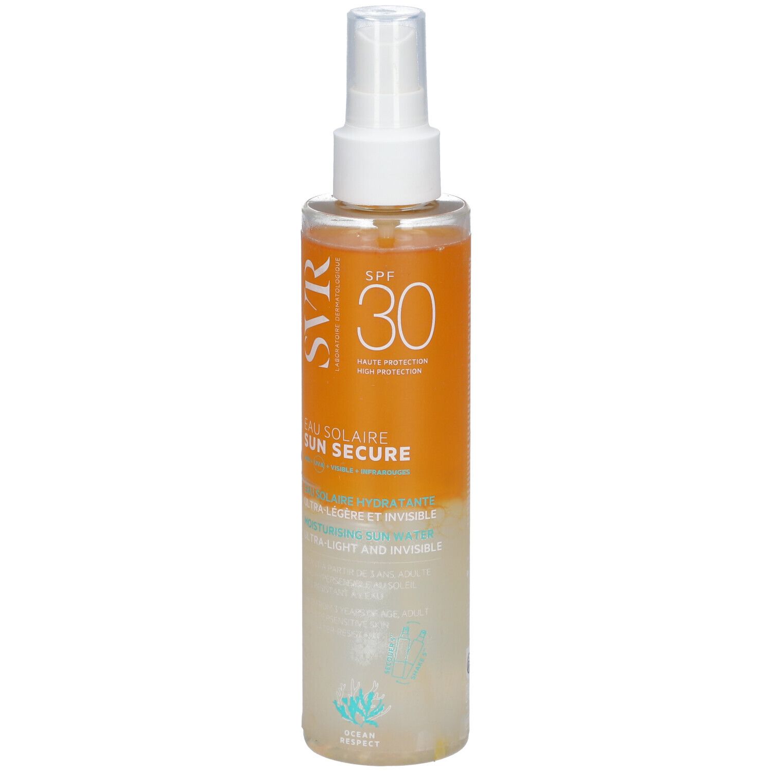 Sonnenschutzwasser-Flasche mit Sprühkopf. Orangefarbener Bereich mit SPF 30 und Produktnamen. Transparenter Behälter.
