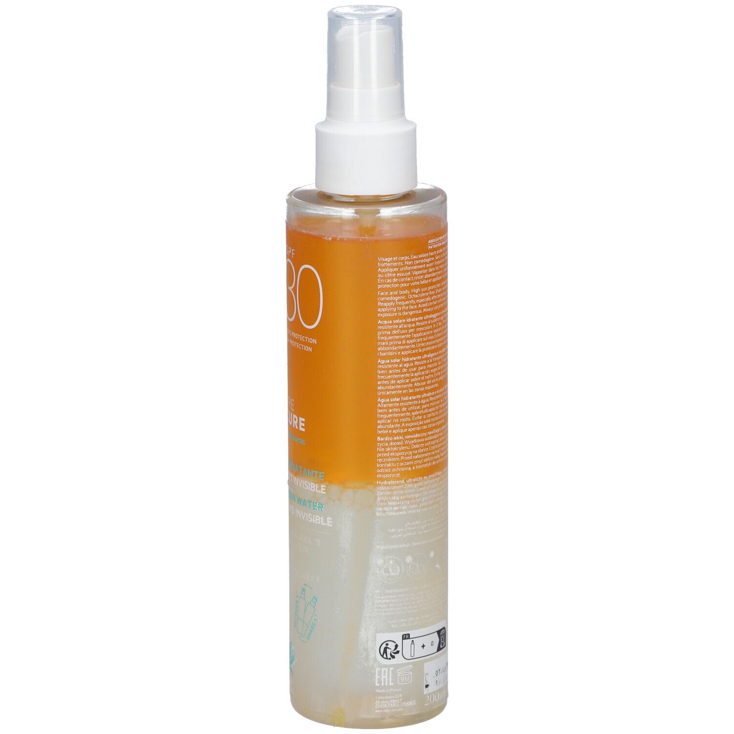 Sonnenschutzwasser-Flasche mit Sprühkopf. Orangefarbener Bereich mit SPF 30 und Produktnamen. Transparenter Behälter.