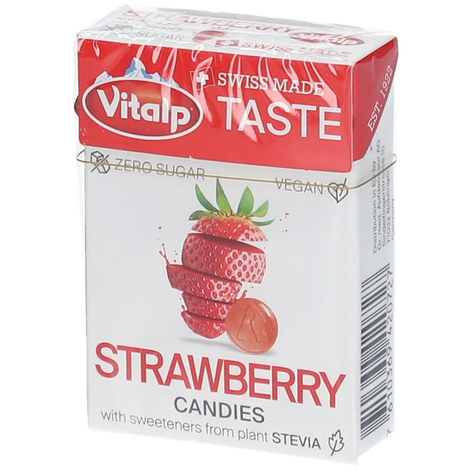 Verpackung mit Erdbeer-Bonbons. Aufschrift: Vitalp, Erdbeere, Swiss Made, Zero Sugar, Vegan. Abbildung einer Erdbeere.