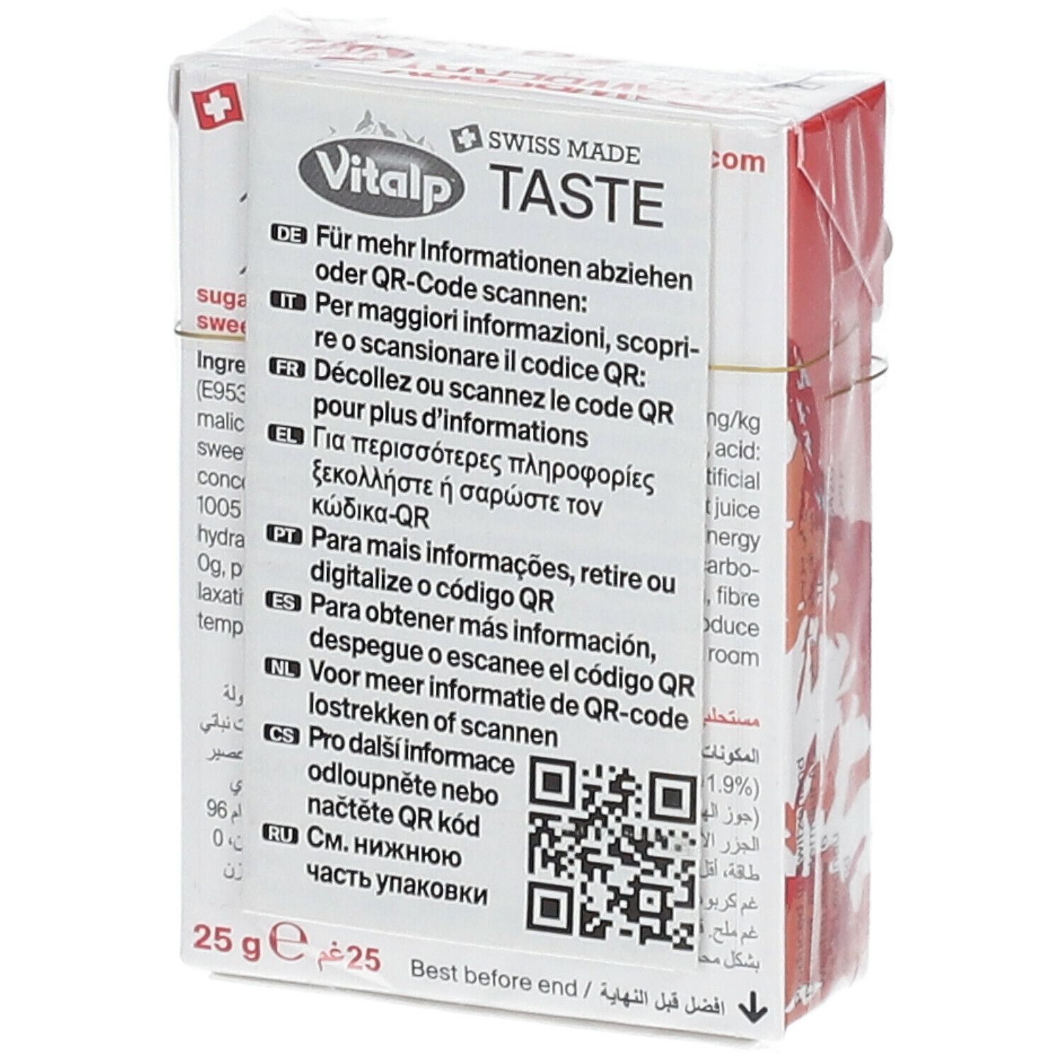 Rückseite der Verpackung mit Erdbeer-Bonbons. Aufschrift: Vitalp, Swiss Made, QR-Code. Text in mehreren Sprachen. Gewicht: 25g.