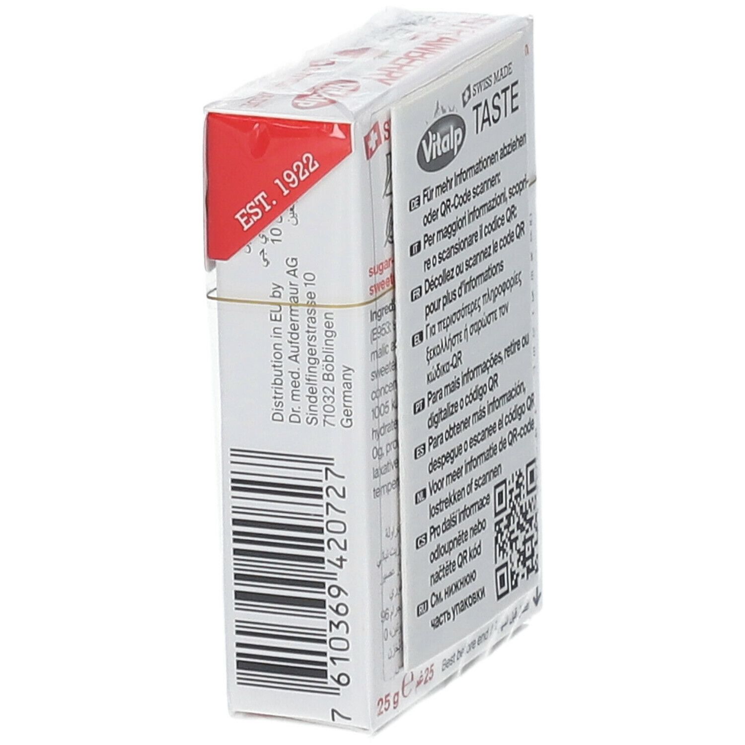 Seitenansicht der Verpackung mit Erdbeer-Bonbons. Aufschrift: Vitalp, Swiss Made, EST. 1922. Barcode und Text.