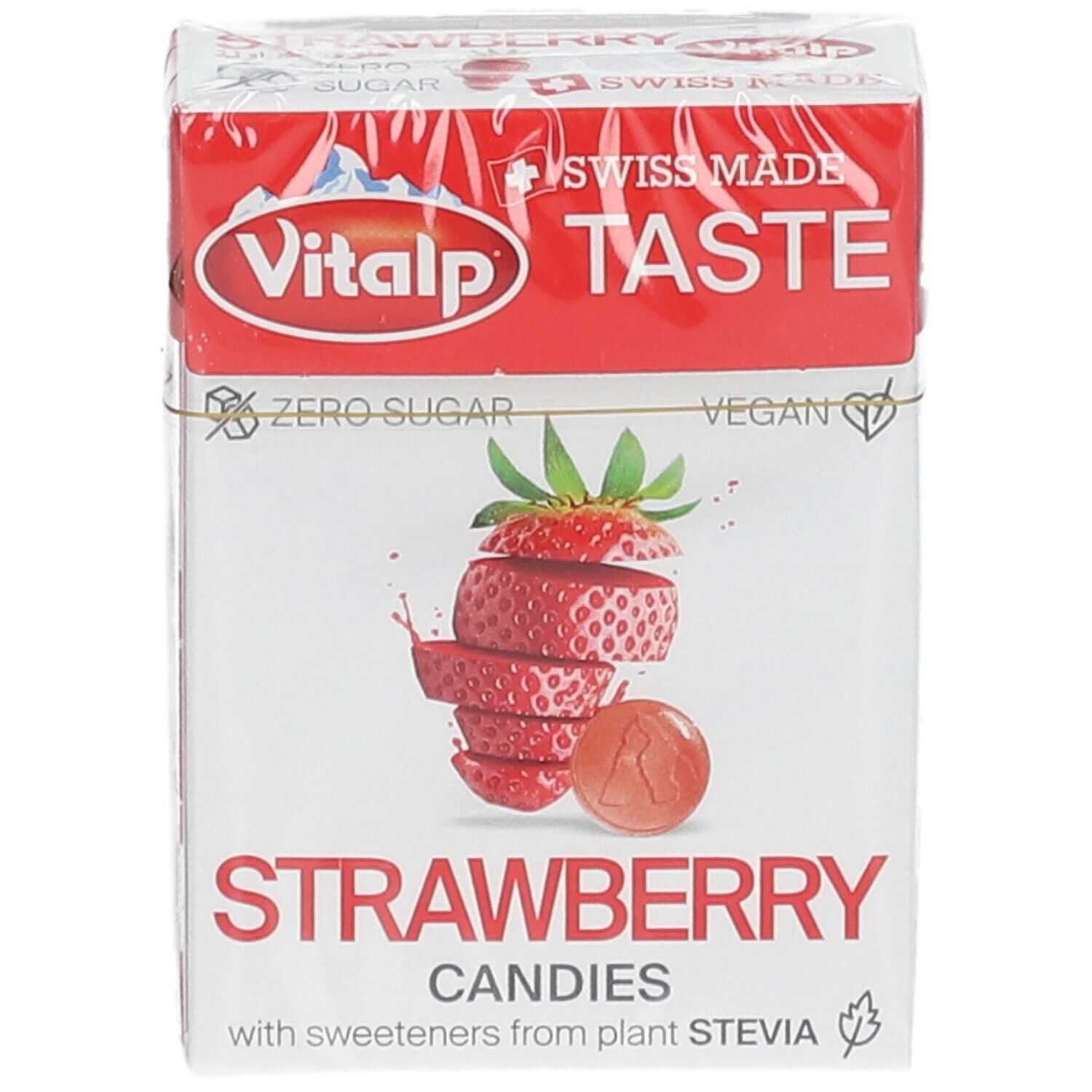 Verpackung mit Erdbeer-Bonbons. Aufschrift: Vitalp, Erdbeere, Swiss Made, Zero Sugar, Vegan. Abbildung einer Erdbeere.