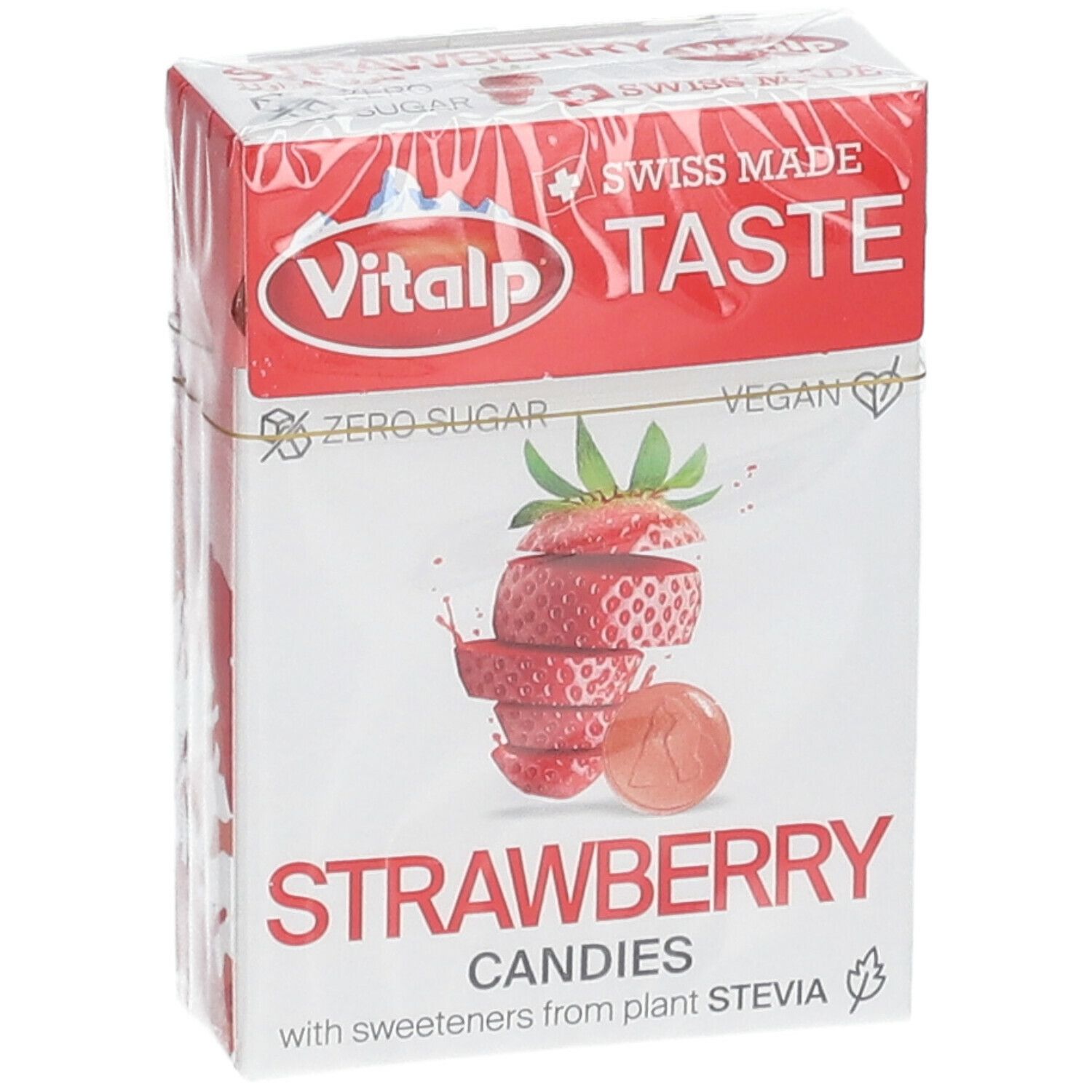 Verpackung mit Erdbeer-Bonbons. Aufschrift: Vitalp, Erdbeere, Swiss Made, Zero Sugar, Vegan. Abbildung einer Erdbeere.