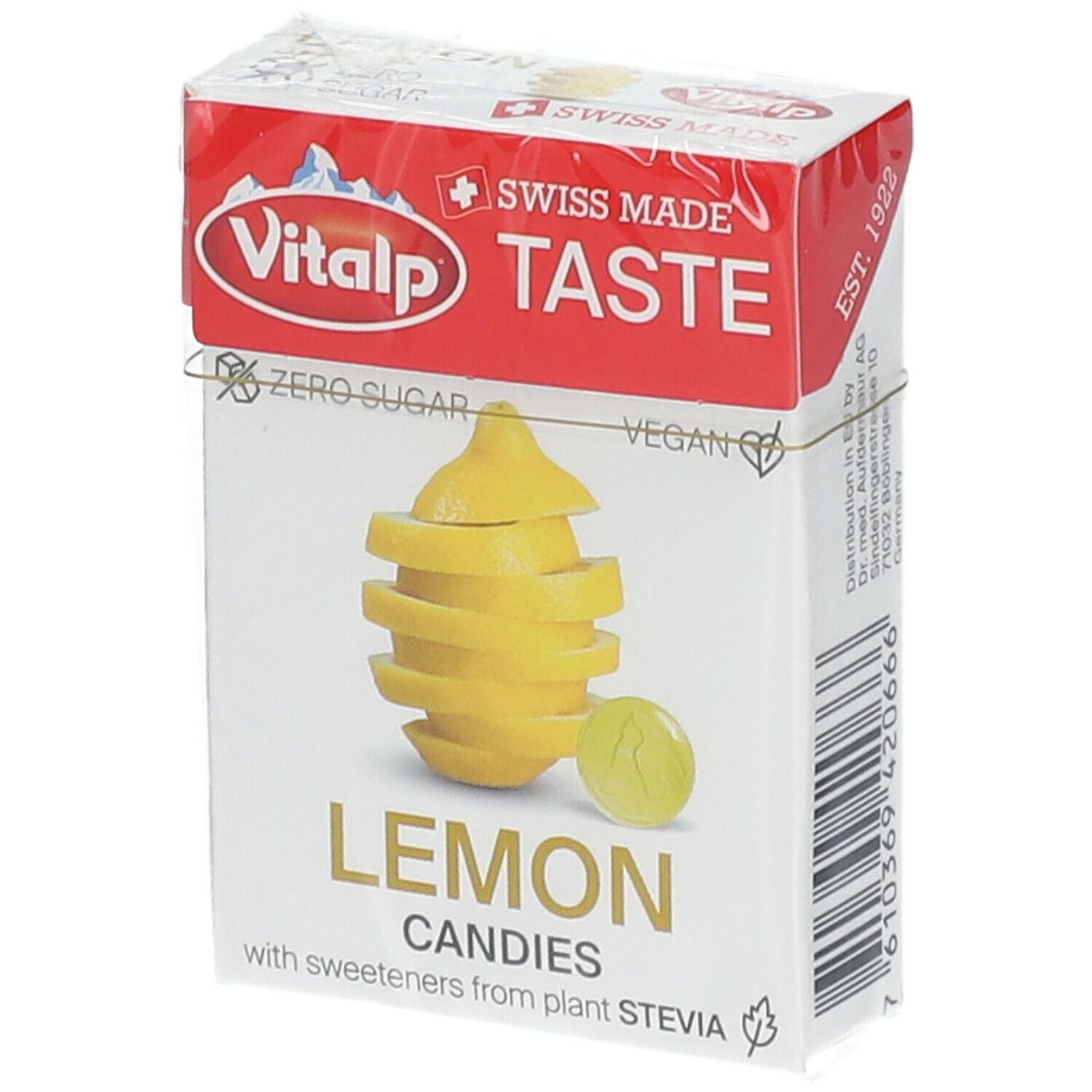 Emballage de bonbons Vitalp au citron. Inscription : citron, "Lemon Candies", "Zero Sugar", "Vegan", "Swiss Made".