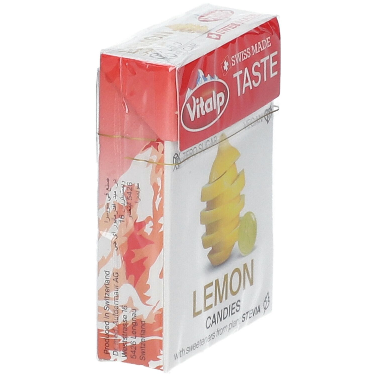 Emballage Vitalp bonbons au citron, vue latérale. Inscription : citron, "Lemon Candies", "Swiss Made".