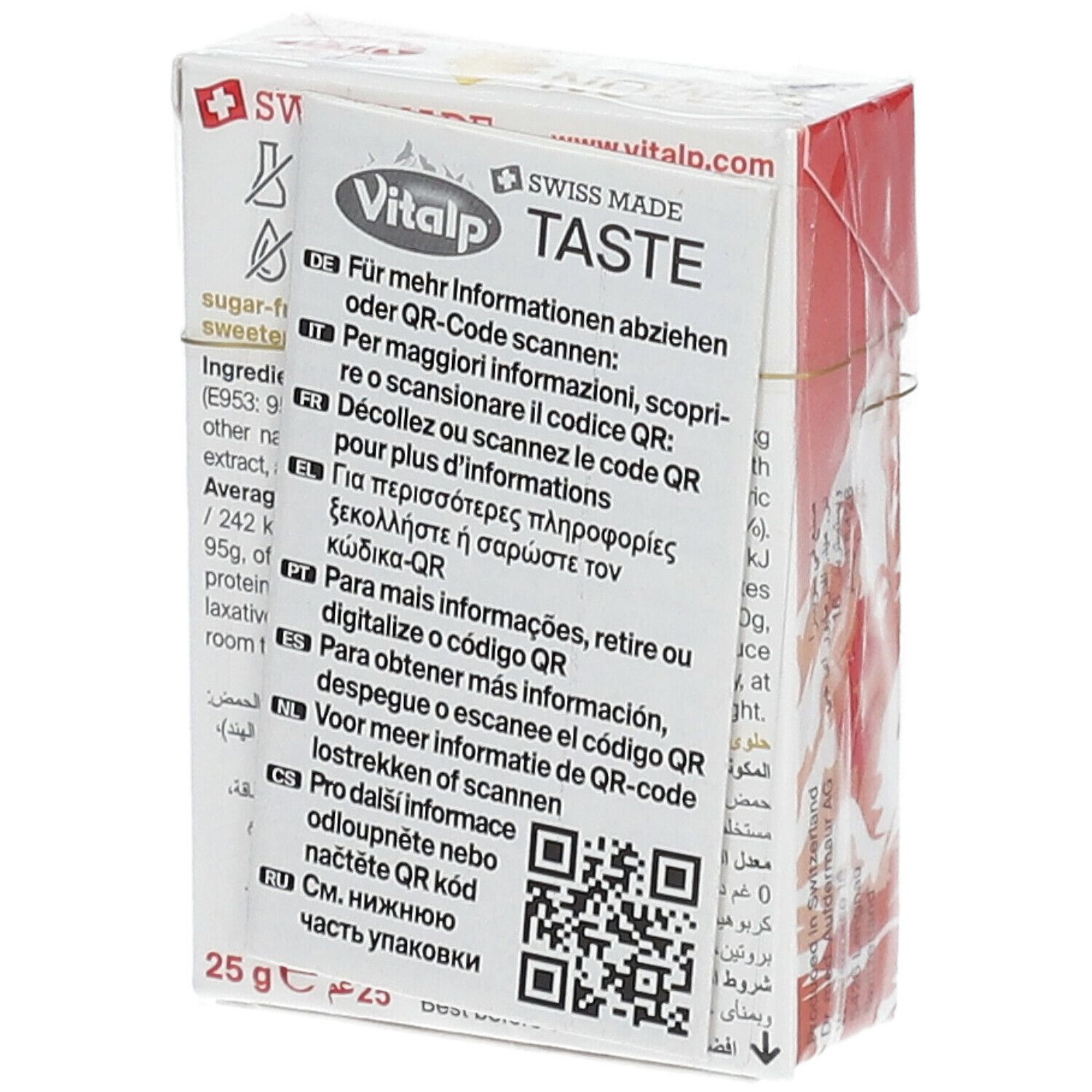 Emballage Vitalp bonbons au citron, dos. Inscription : code QR, ingrédients, "25 g".