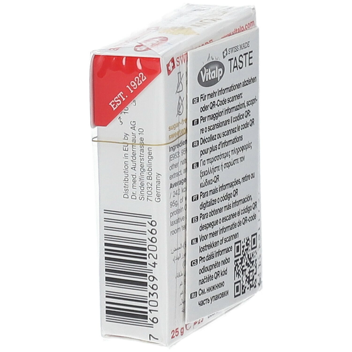 Emballage Vitalp bonbons au citron, vue latérale. Inscription : code QR, ingrédients, "25 g".