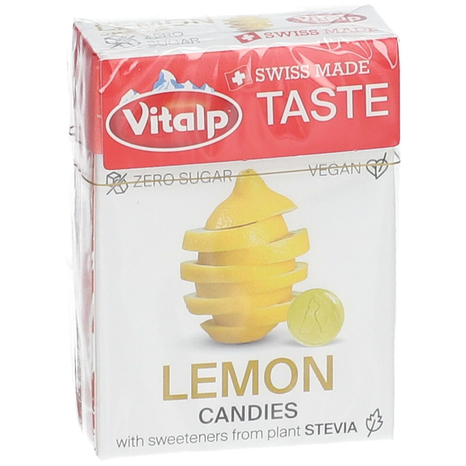 Emballage de bonbons Vitalp au citron. Inscription : citron, "Lemon Candies", "Zero Sugar", "Vegan", "Swiss Made".