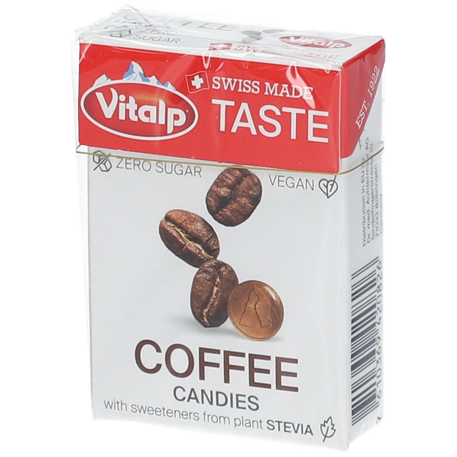 Verpakking Vitalp Kaffee snoepjes. Zichtbaar: logo, "Zero Sugar", "Vegan", koffiebonen, "Coffee Candies".