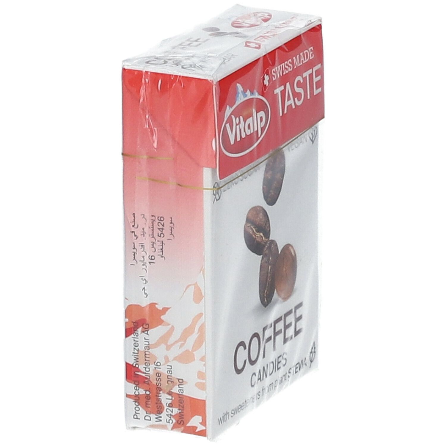 Verpakking Vitalp Kaffee snoepjes, zijaanzicht. Zichtbaar: logo, "Taste", koffiebonen, "Coffee Candies".