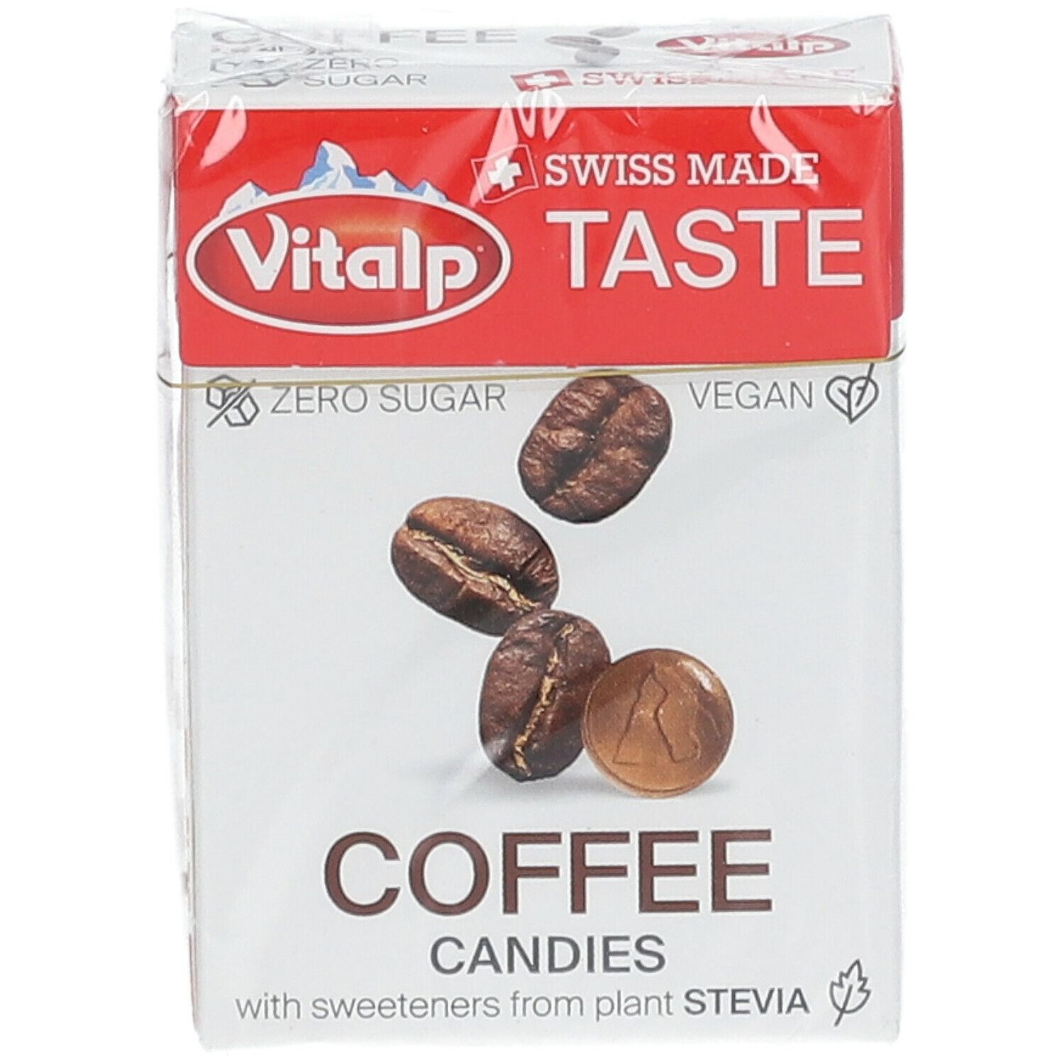 Verpakking Vitalp Kaffee snoepjes. Zichtbaar: logo, "Zero Sugar", "Vegan", koffiebonen, "Coffee Candies".