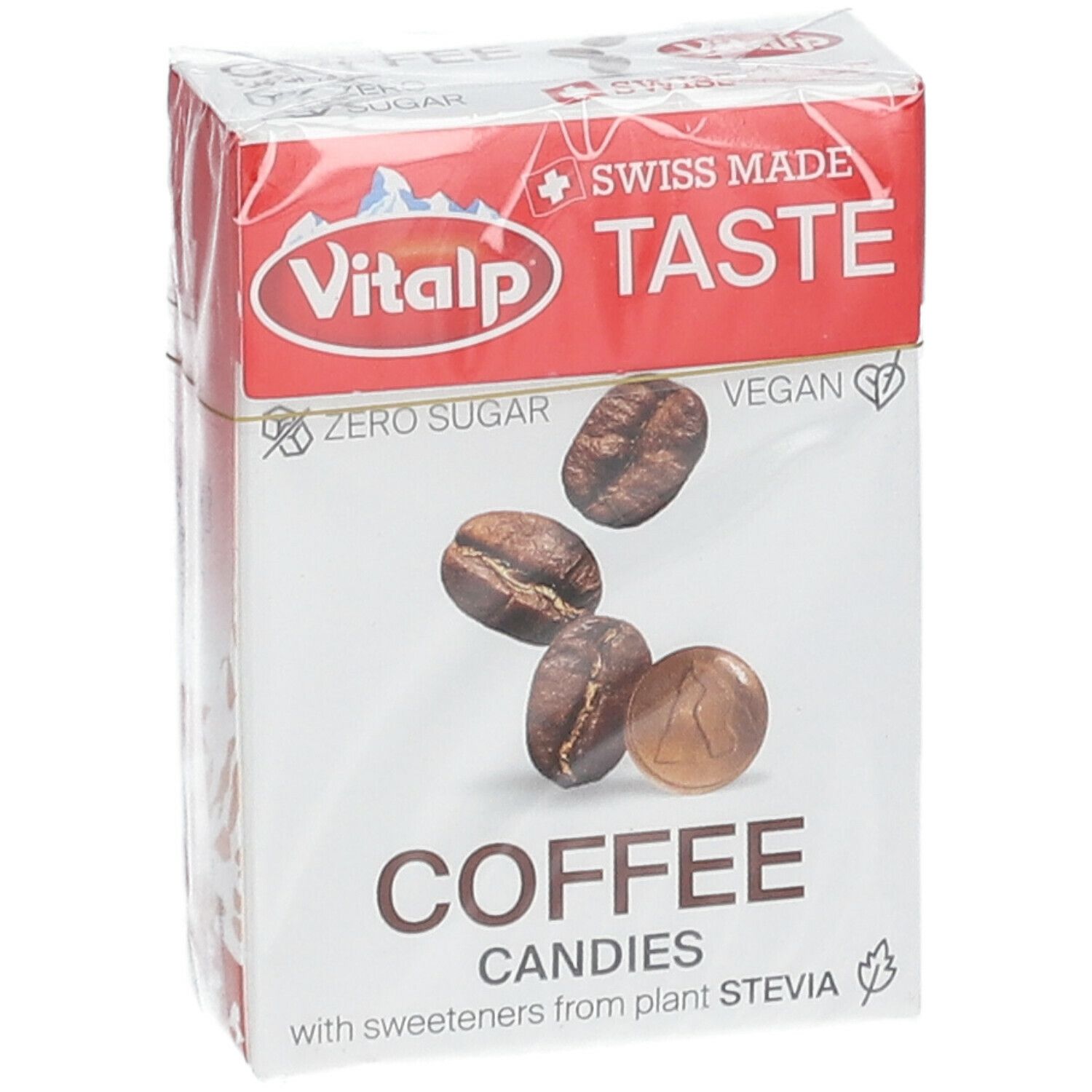 Verpakking Vitalp Kaffee snoepjes. Zichtbaar: logo, "Zero Sugar", "Vegan", koffiebonen, "Coffee Candies".