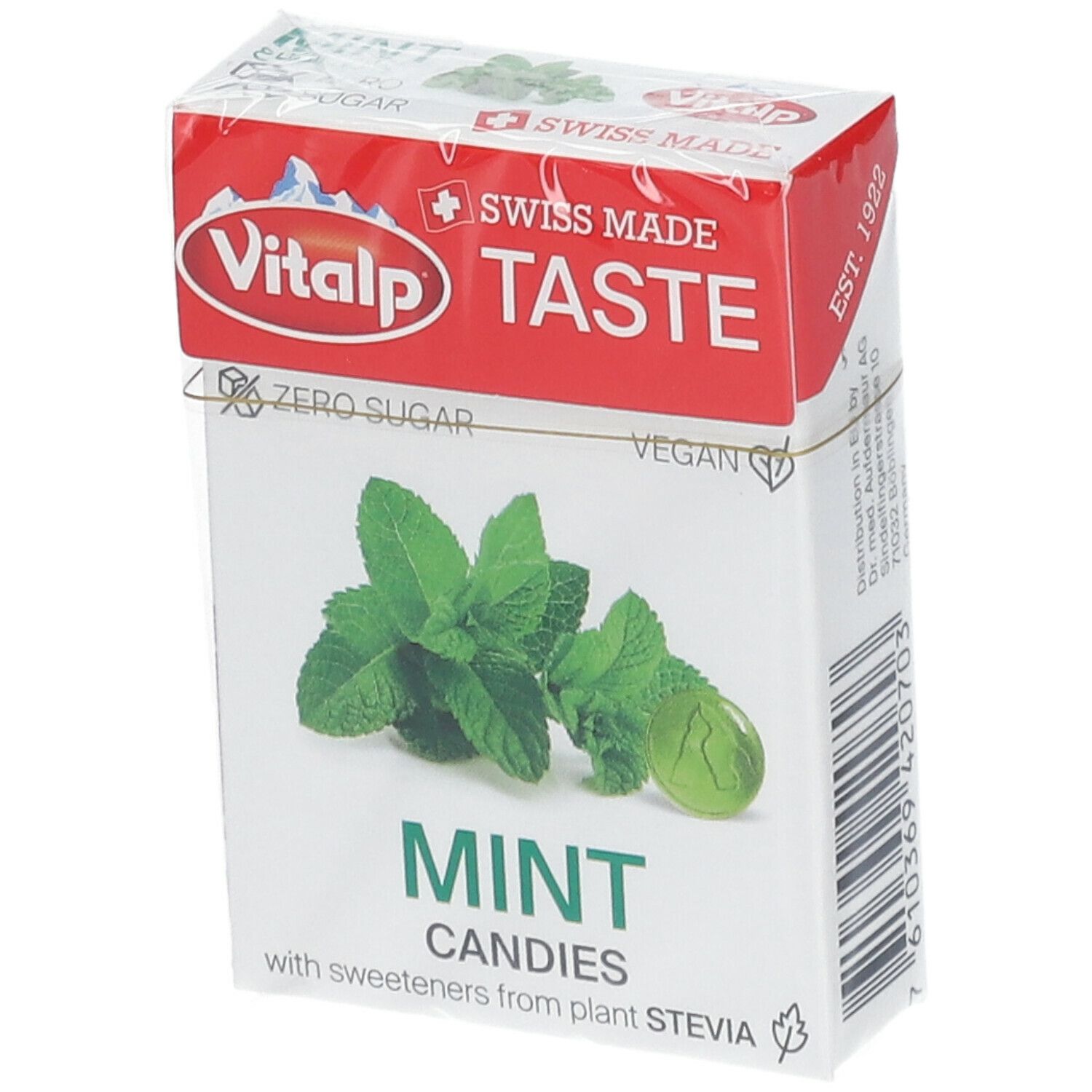 Boîte de bonbons à la menthe VITALP. Inscriptions : MINT CANDIES, Swiss Made, Zero Sugar, Vegan.