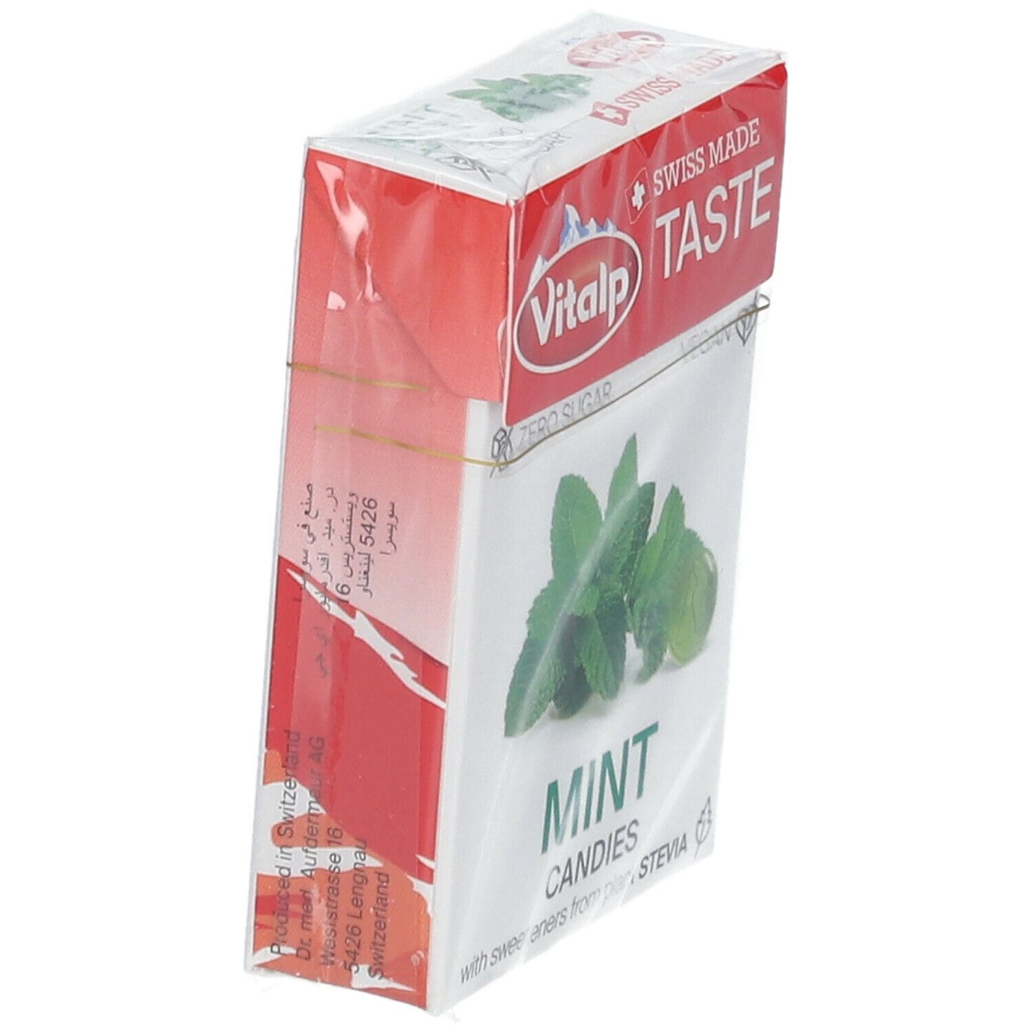 Boîte de bonbons à la menthe VITALP emballée. Inscriptions : MINT CANDIES, Swiss Made, Zero Sugar, Vegan.