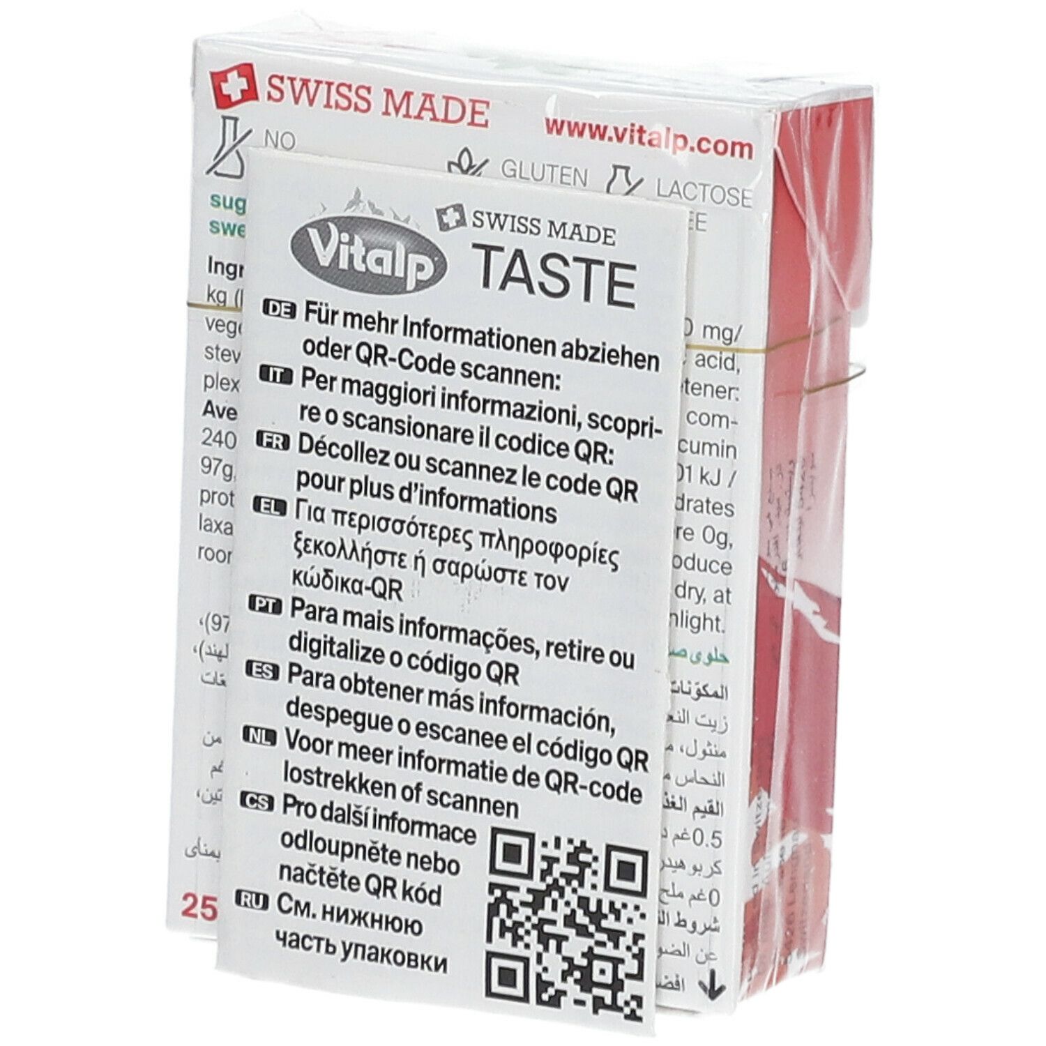 Emballage de bonbons à la menthe VITALP. Inscriptions : Swiss Made. Informations multilingues et code QR.