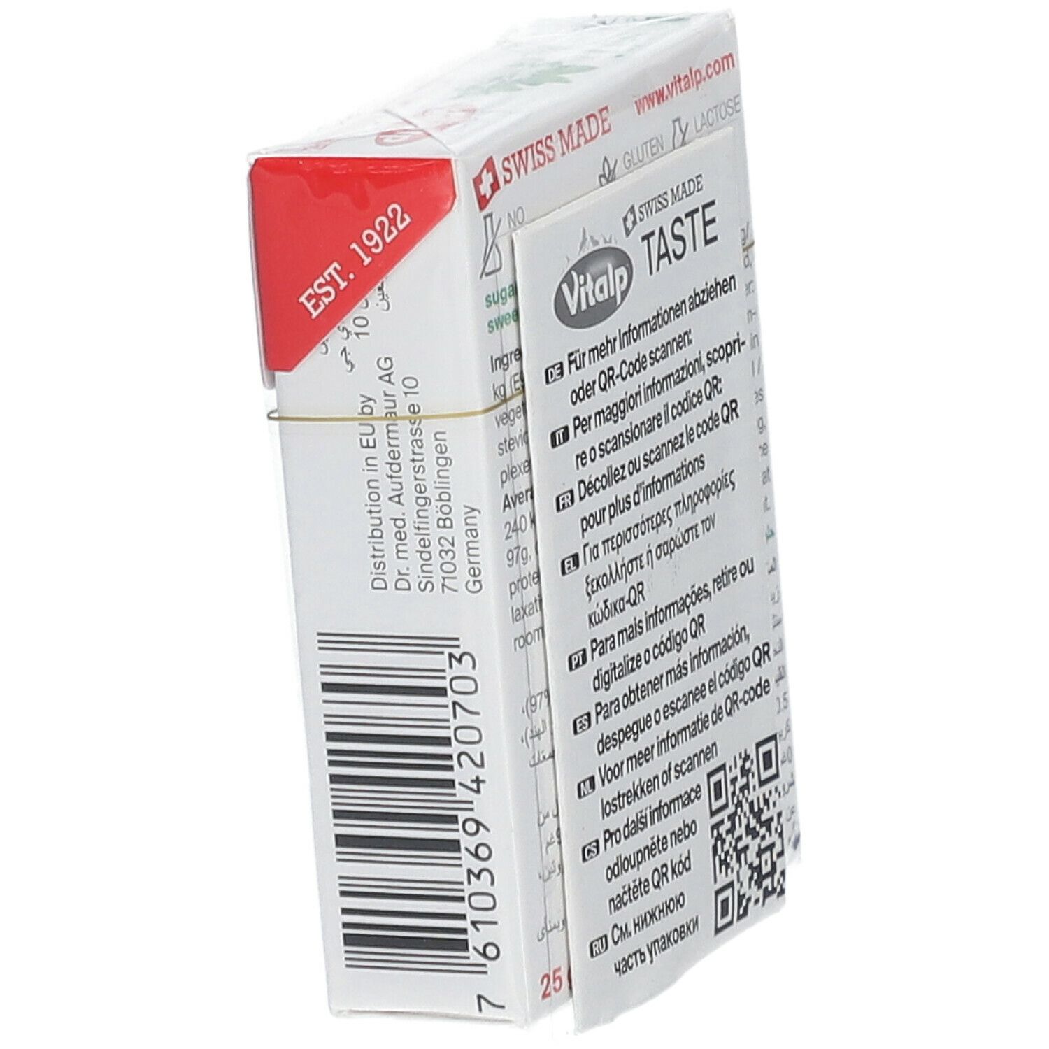 Emballage de bonbons à la menthe VITALP. Inscriptions : Swiss Made, code QR. Code-barres et texte.