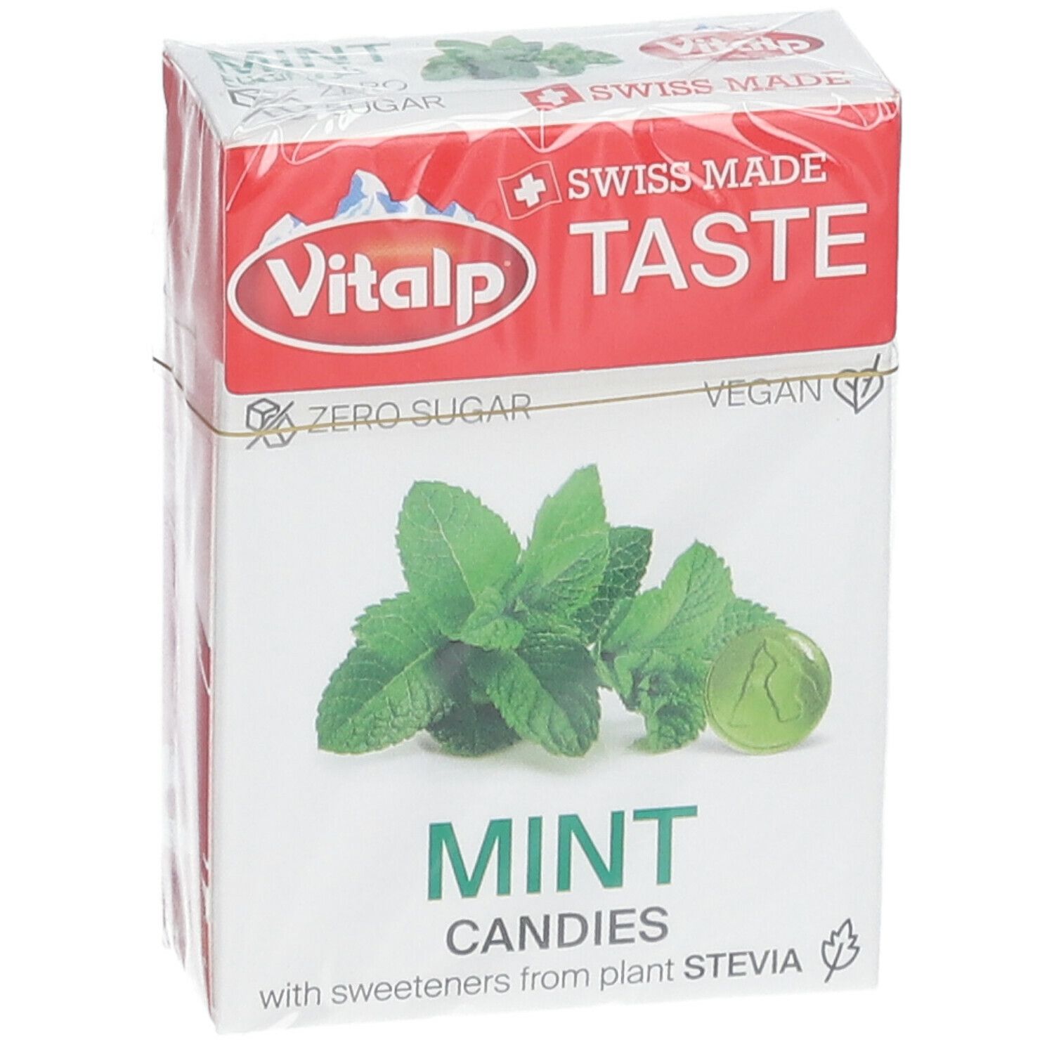 Boîte de bonbons à la menthe VITALP. Inscriptions : MINT CANDIES, Swiss Made, Zero Sugar, Vegan.