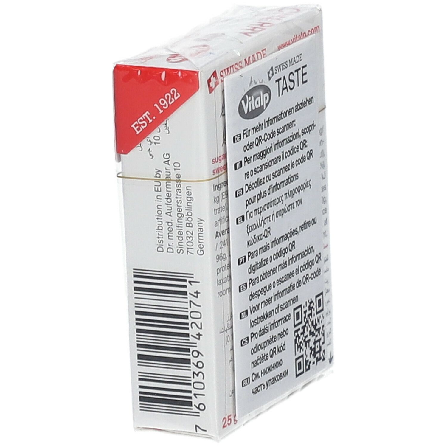 Zijaanzicht van de verpakking met kersenbonbons. Opschrift: Vitalp, Swiss Made. Barcode en tekst.