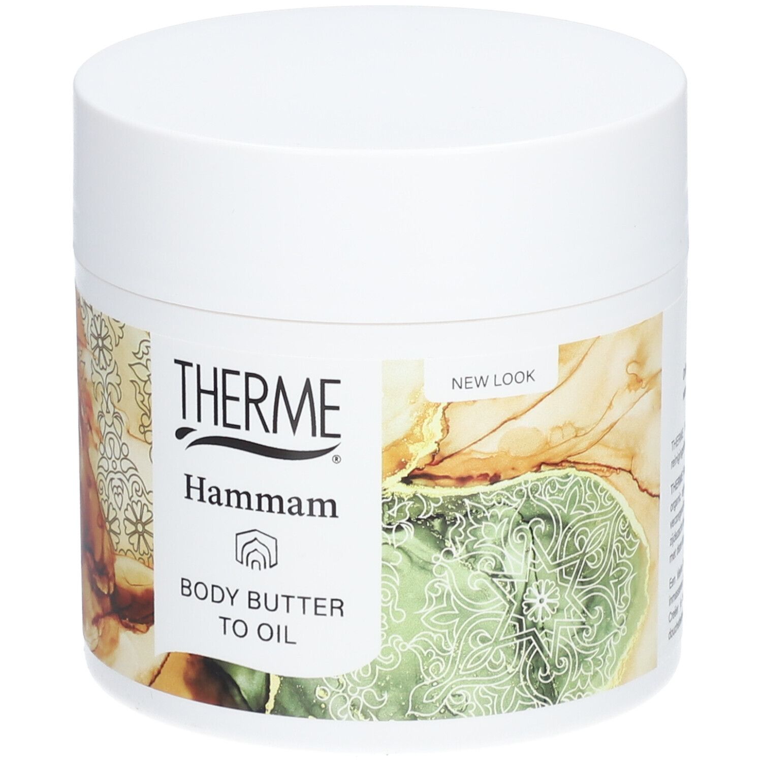 Weißer Tiegel mit THERME Hammam BODY BUTTER TO OIL. Aufkleber mit Produktnamen und floralem Muster. "NEW LOOK".