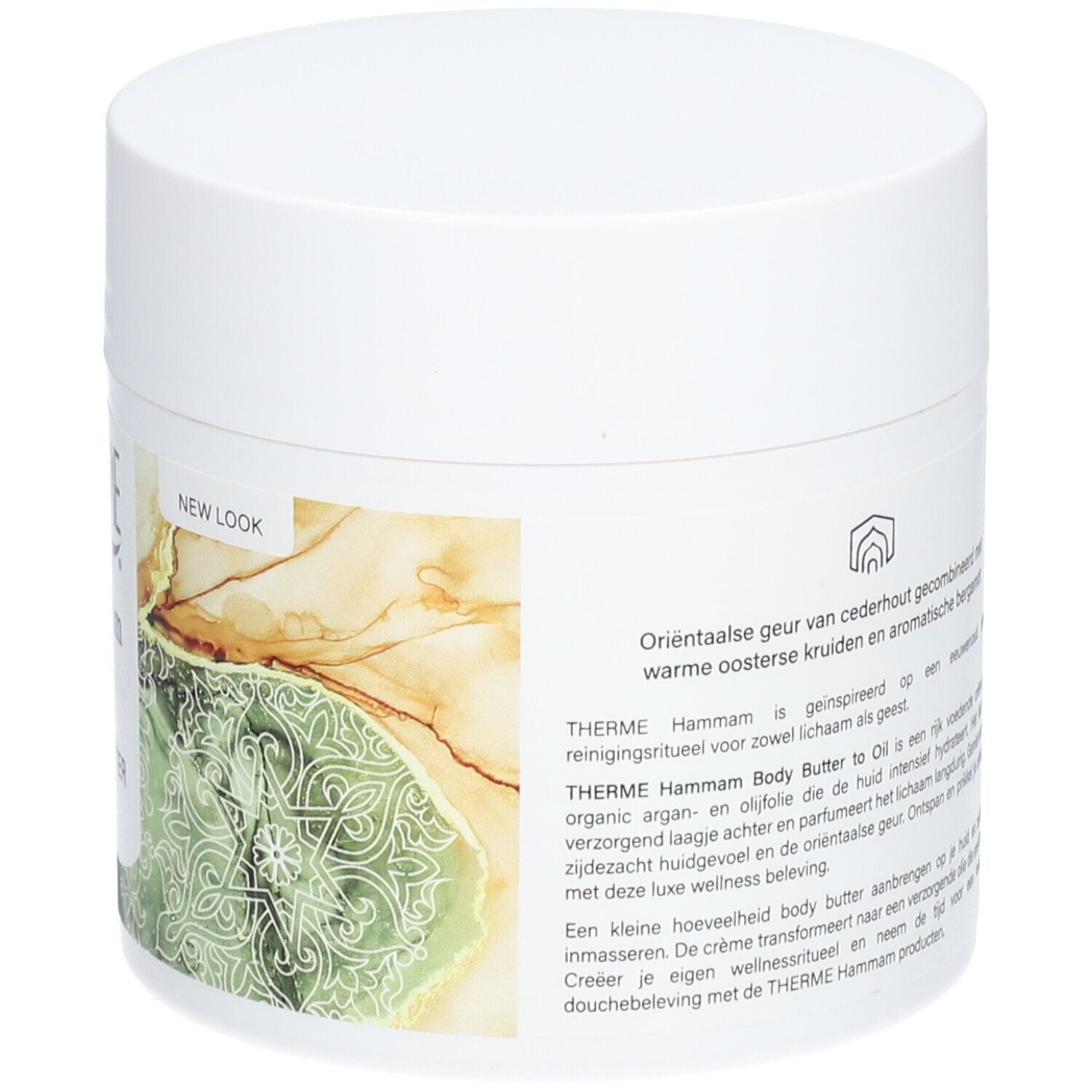 Weißer Tiegel mit THERME Hammam BODY BUTTER TO OIL. Aufkleber mit Produktnamen und floralem Muster. "NEW LOOK".