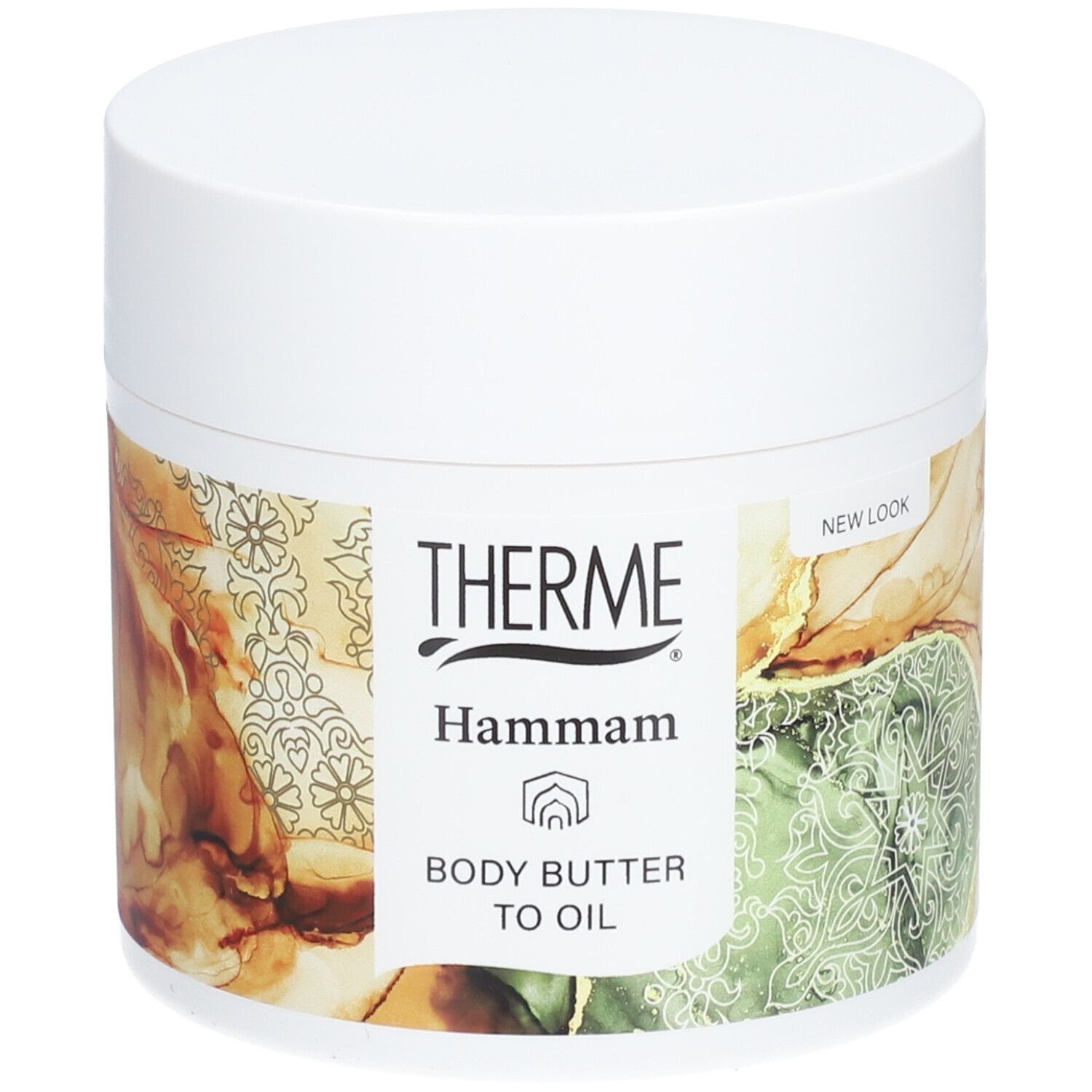 Weißer Tiegel mit THERME Hammam BODY BUTTER TO OIL. Aufkleber mit Produktnamen und floralem Muster. "NEW LOOK".