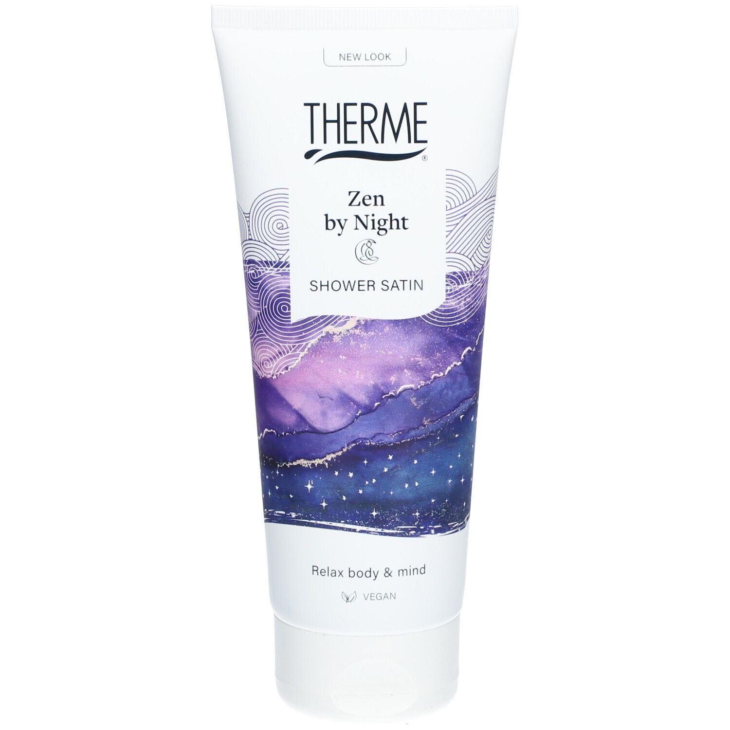 Weiß-lila Tube. THERME-Logo, Schriftzug "Zen by Night" und "Shower Satin". Vegan-Siegel.