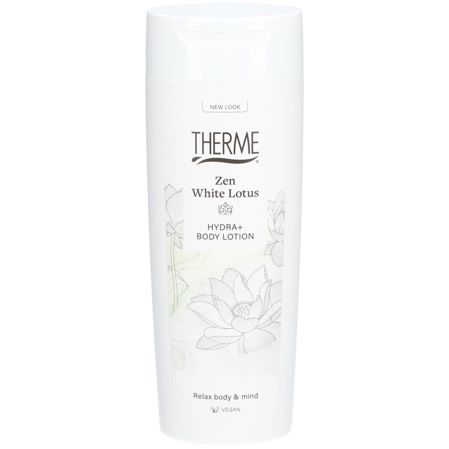 Weiße Flasche THERME Zen White Lotus HYDRA+ BODY LOTION. Aufschrift: NEW LOOK, Relax body & mind, Vegan.