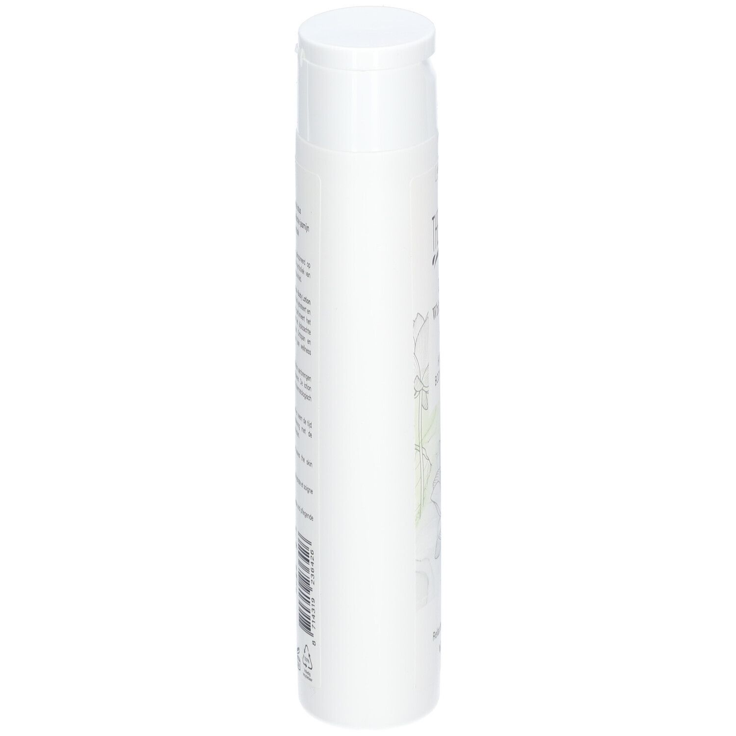 Weiße Flasche THERME Zen White Lotus HYDRA+ BODY LOTION. Seitenansicht mit Text und floralem Muster.