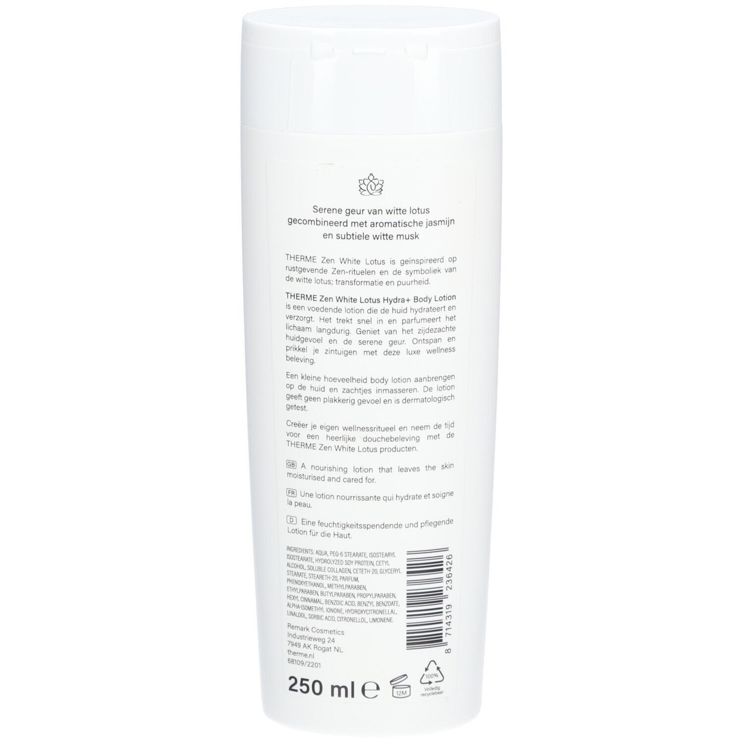 Rückseite der weißen Flasche THERME Zen White Lotus HYDRA+ BODY LOTION. Text in mehreren Sprachen.