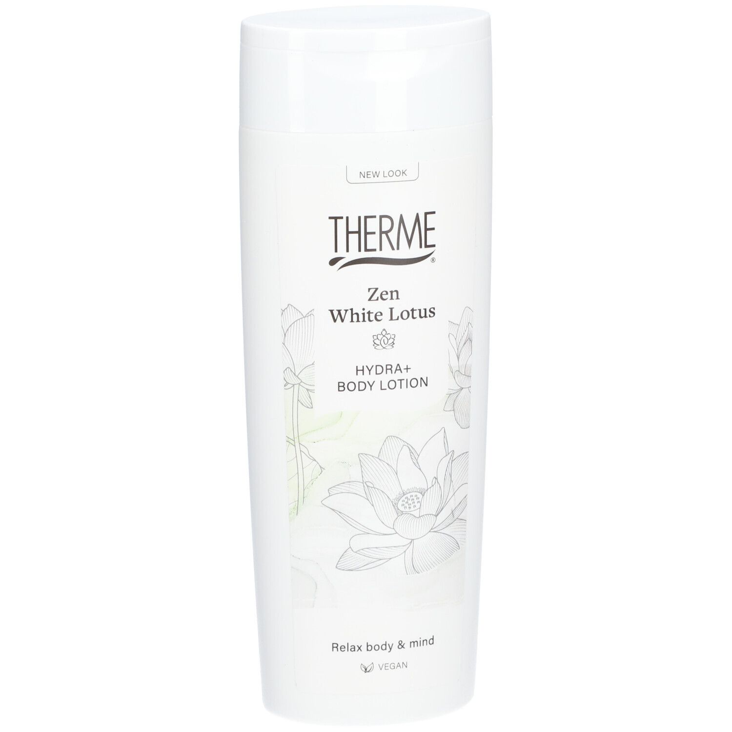 Weiße Flasche THERME Zen White Lotus HYDRA+ BODY LOTION. Aufschrift: NEW LOOK, Relax body & mind, Vegan.