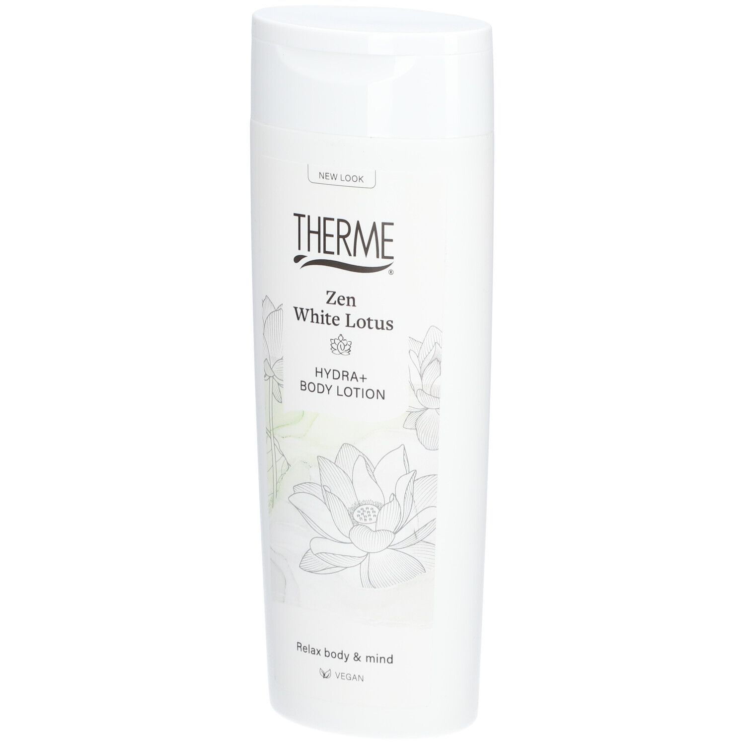 Weiße Flasche THERME Zen White Lotus HYDRA+ BODY LOTION. Aufschrift: NEW LOOK, Relax body & mind, Vegan.