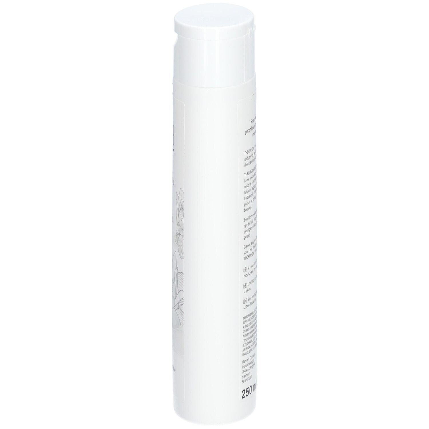 Weiße Flasche THERME Zen White Lotus HYDRA+ BODY LOTION. Seitenansicht mit Text.