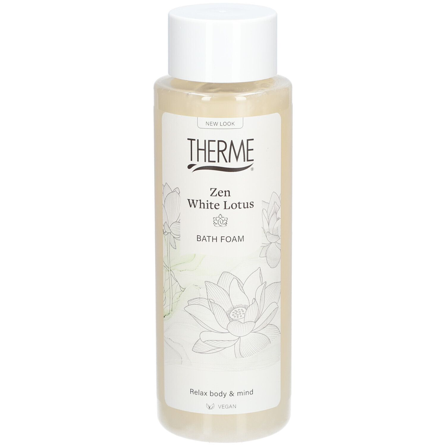 THERME Zen White Lotus Badschuim. Fles met witte dop en etiket. Opschrift: THERME, Zen White Lotus, Bath Foam.